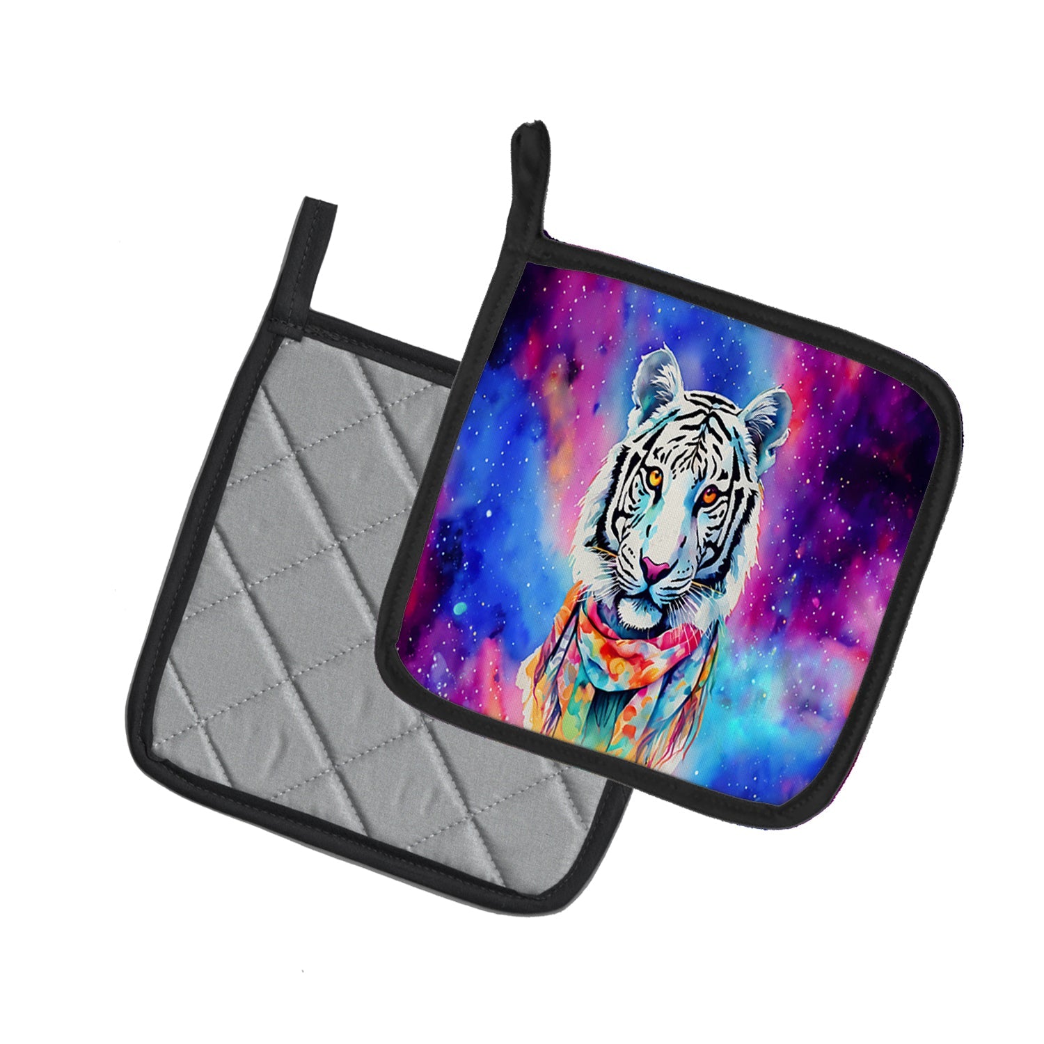 Hippie Animal White Tiger Pot Holder Set of 2 Heat Resistant Quilted Hot Pads 7.5 x 7.5 Inch, Insulated Kitchen Trivets for Cooking & Baking
