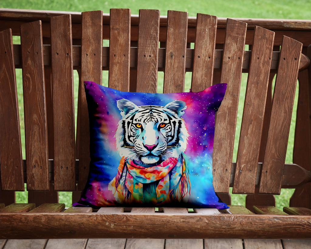 Hippie Animal White Tiger Decorative Throw Pillow 14x14 Indoor Outdoor Accent Cushion, Fabric Cover with Insert for Sofa, Bed, Porch & Living Room