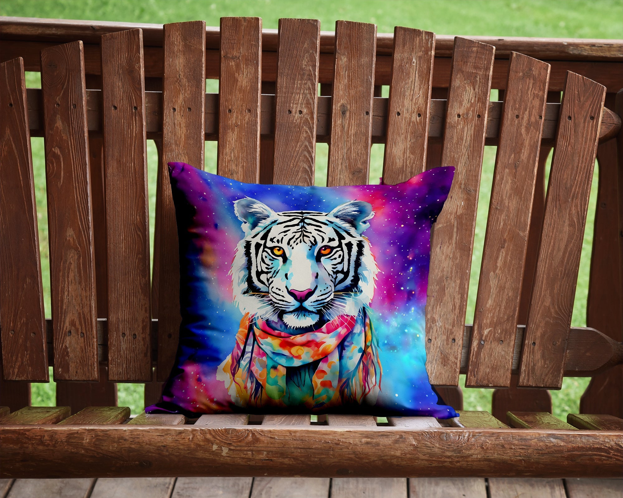 Hippie Animal White Tiger Decorative Throw Pillow 14x14 Indoor Outdoor Accent Cushion, Fabric Cover with Insert for Sofa, Bed, Porch & Living Room