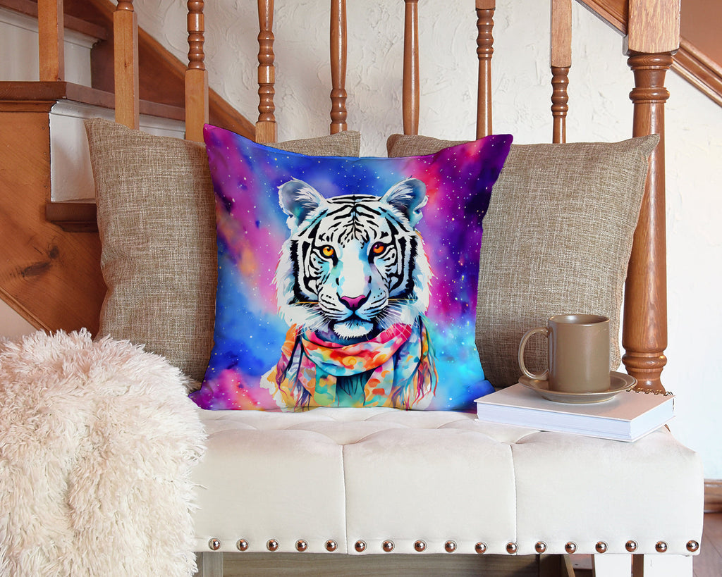 Hippie Animal White Tiger Decorative Throw Pillow 14x14 Indoor Outdoor Accent Cushion, Fabric Cover with Insert for Sofa, Bed, Porch & Living Room