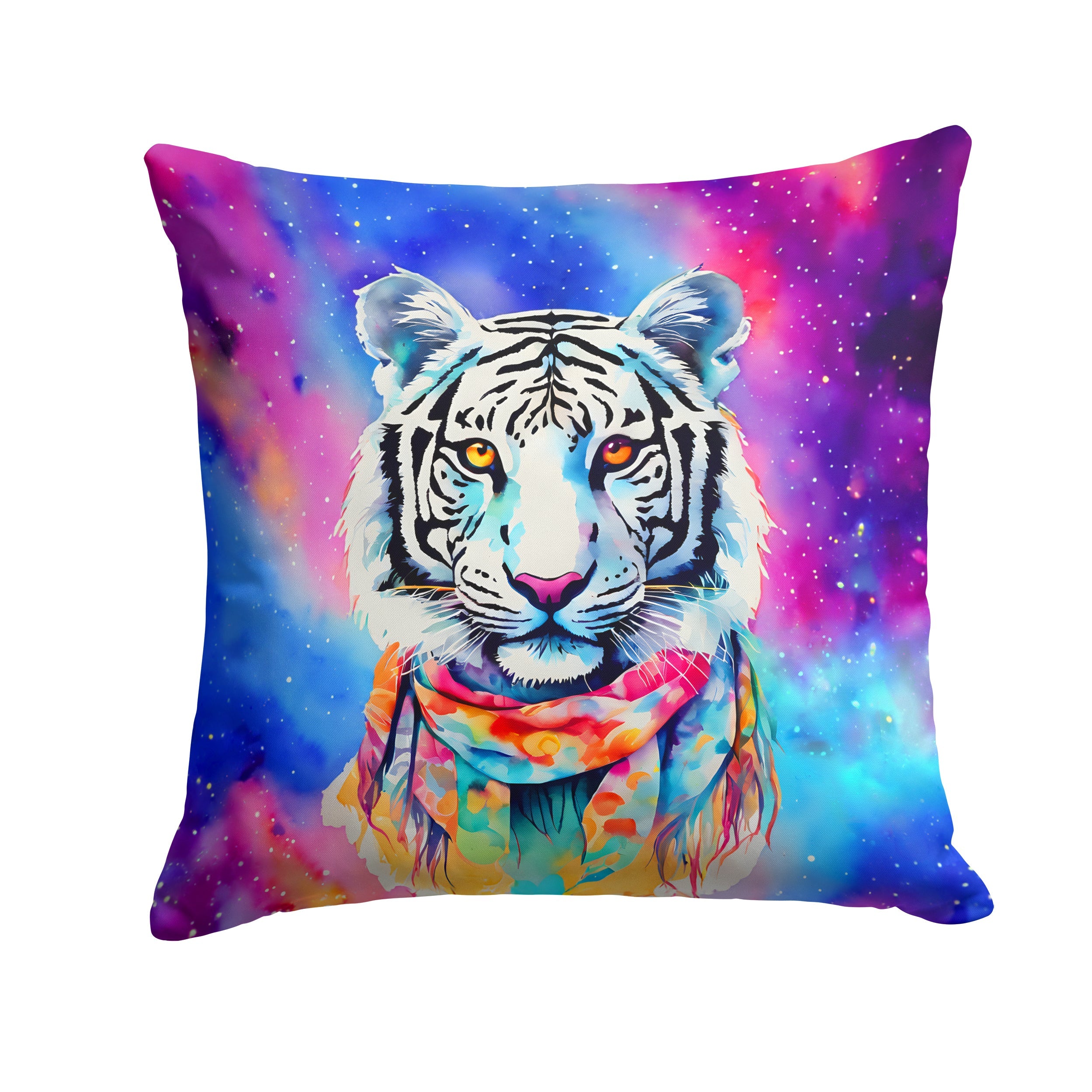 Hippie Animal White Tiger Decorative Throw Pillow 18x18 Indoor Outdoor Accent Cushion, Fabric Cover with Insert for Sofa, Bed, Porch & Living Room