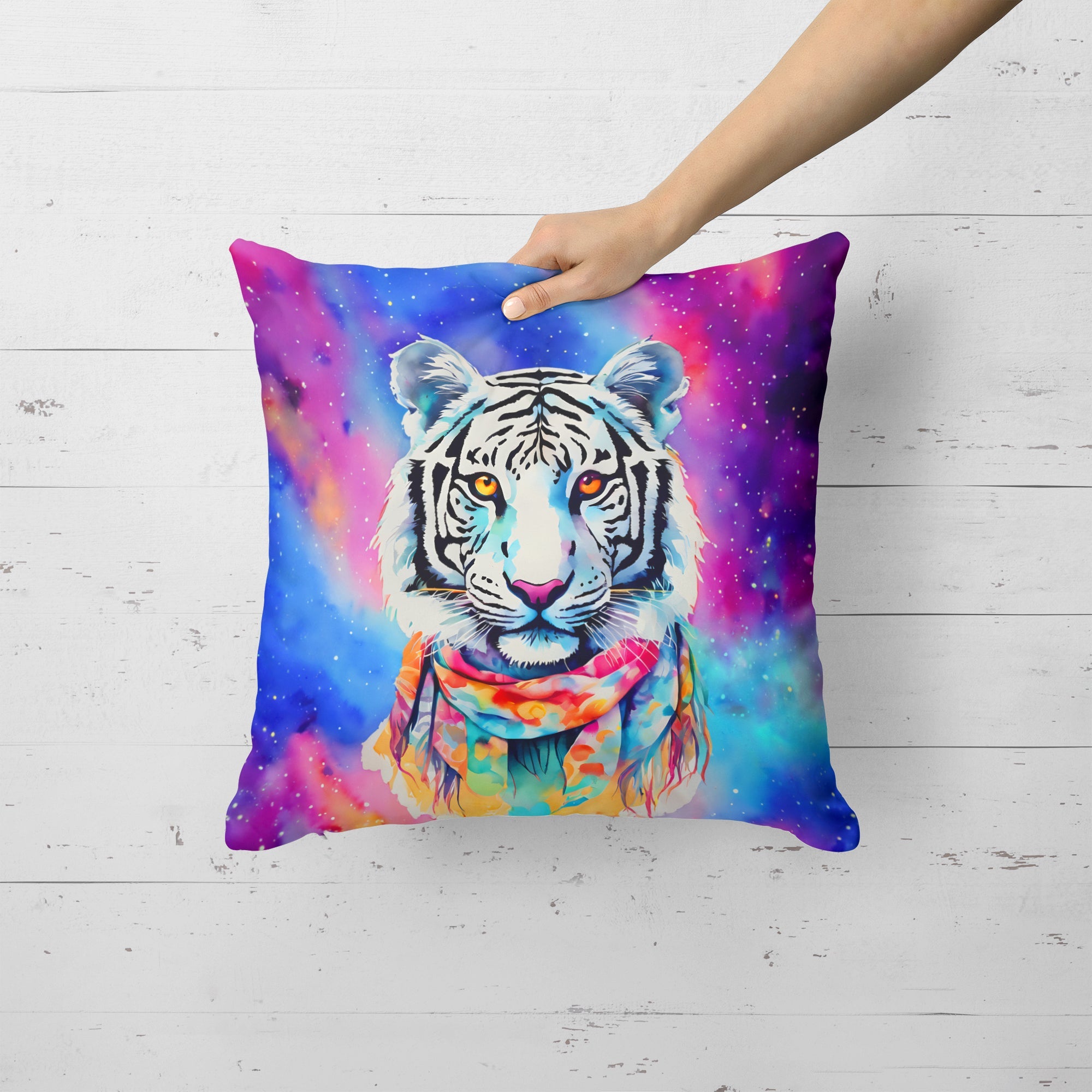 Hippie Animal White Tiger Decorative Throw Pillow 18x18 Indoor Outdoor Accent Cushion, Fabric Cover with Insert for Sofa, Bed, Porch & Living Room