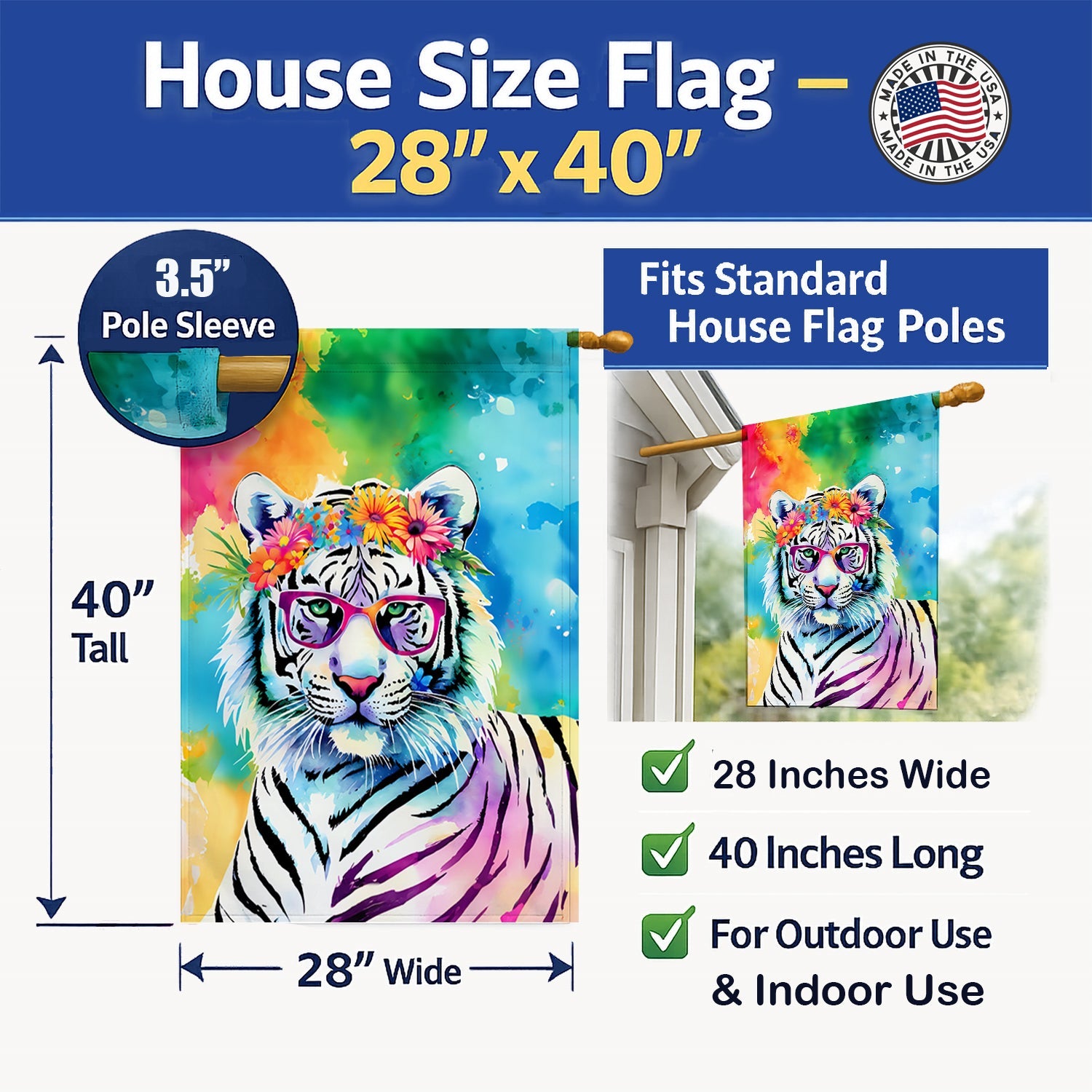 Hippie Animal White Tiger House Flag 28x40 Porch Sleeve Pole Decorative Outside Yard Banner Artwork Wall Hanging, Polyester