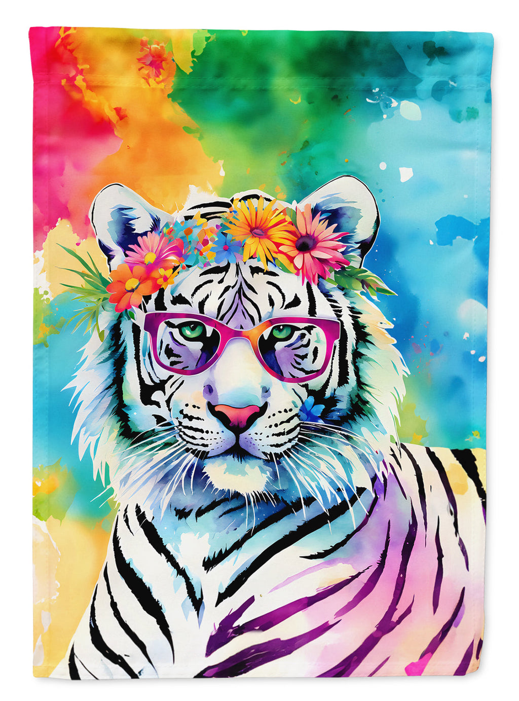 Hippie Animal White Tiger House Flag 28x40 Porch Sleeve Pole Decorative Outside Yard Banner Artwork Wall Hanging, Polyester