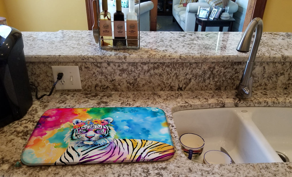 Hippie Animal White Tiger Dish Drying Mat Absorbent Dish Drying Mat Pad for Kitchen Counter Dish Drainer Mat for Countertop, 14 x 21", Multicolor