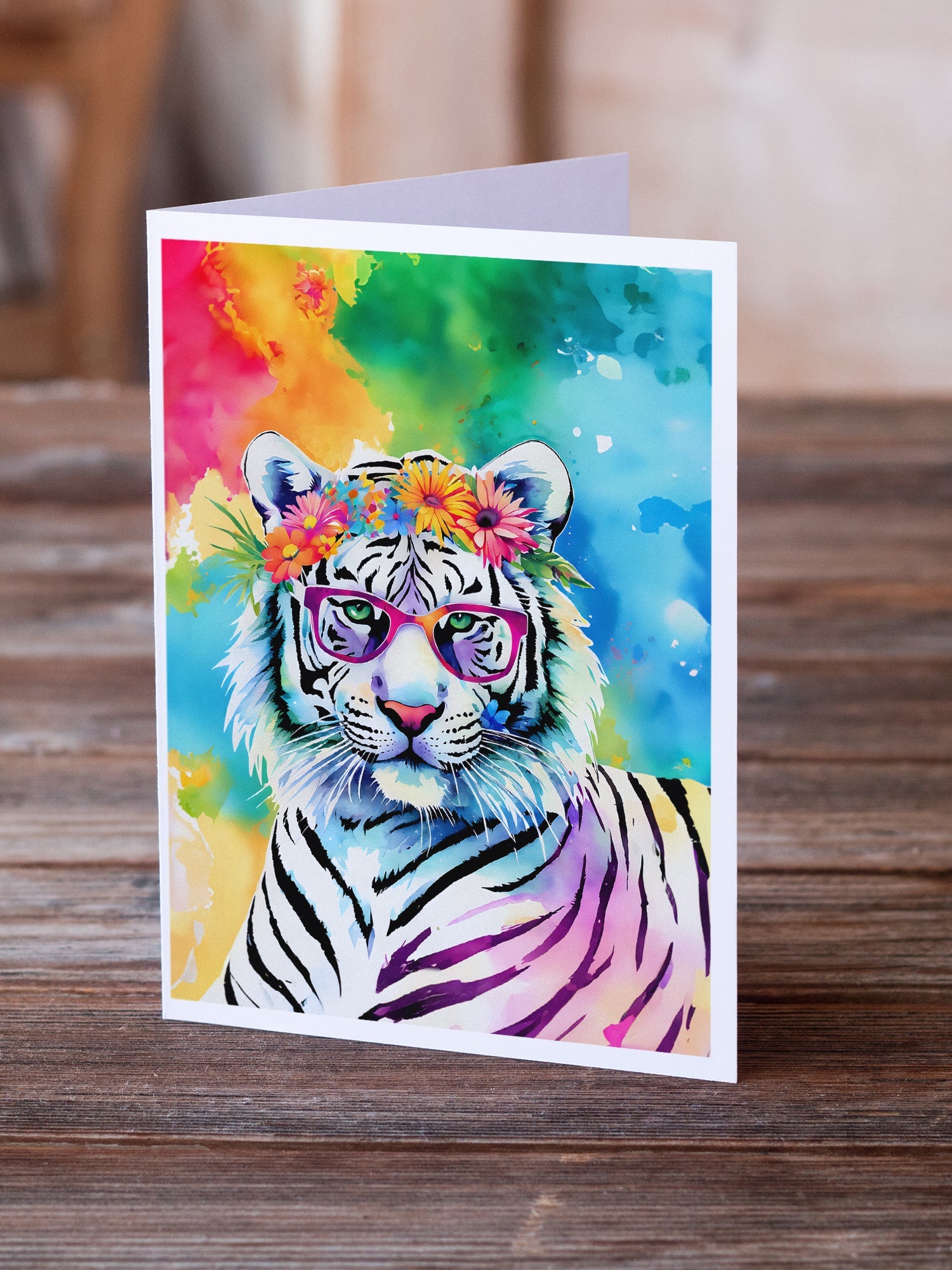 Hippie Animal White Tiger Greeting Cards Pack of 8 Blank Cards with Envelopes Whimsical A7 Size 5x7