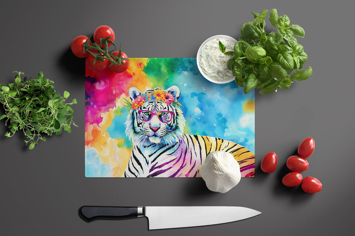 Hippie Animal White Tiger Cutting Board Tempered Glass Kitchen Cutting Surface, Heat Resistant Chopping, Non-Slip Feet, Food Prep & Serving