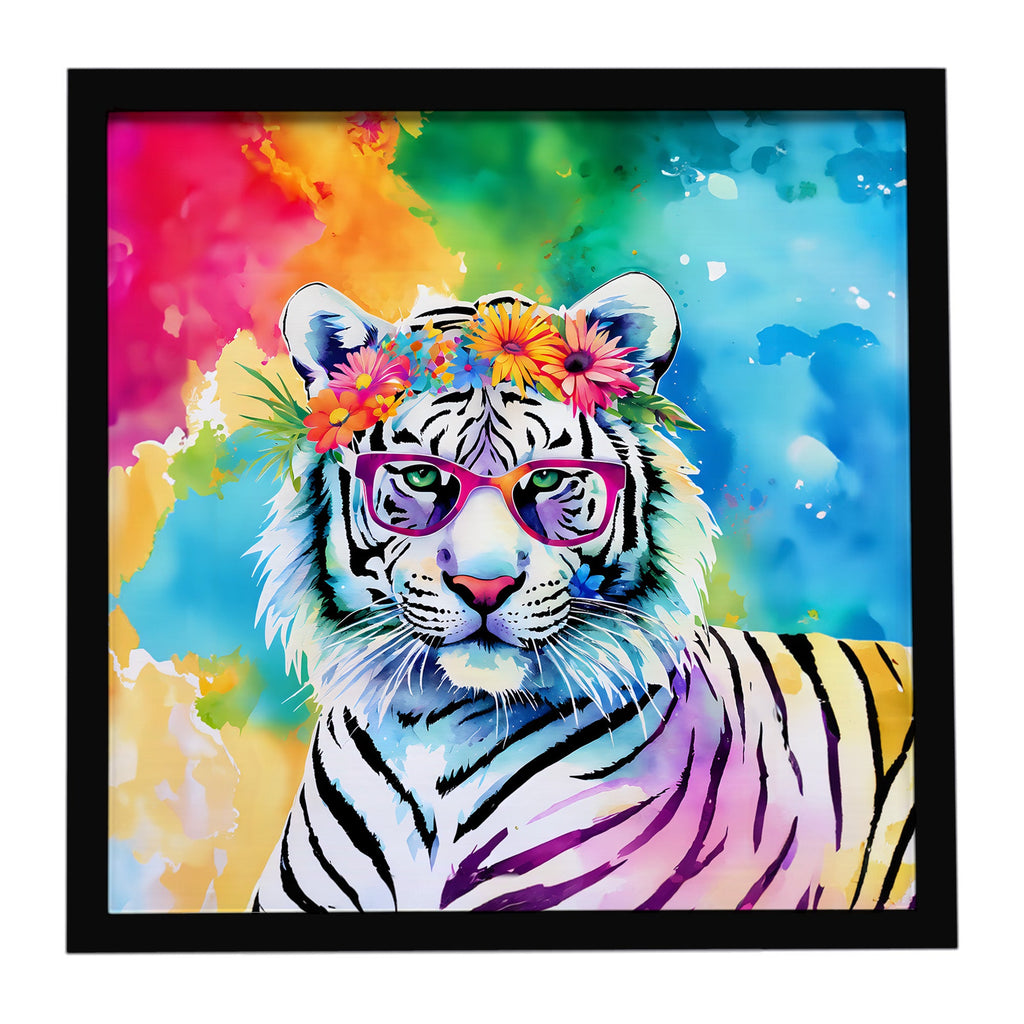 Hippie Animal White Tiger Framed Metal Print Bathroom, Kitchen, Office, Home Decor Wall Art Ready to Hang, Square, 8X8