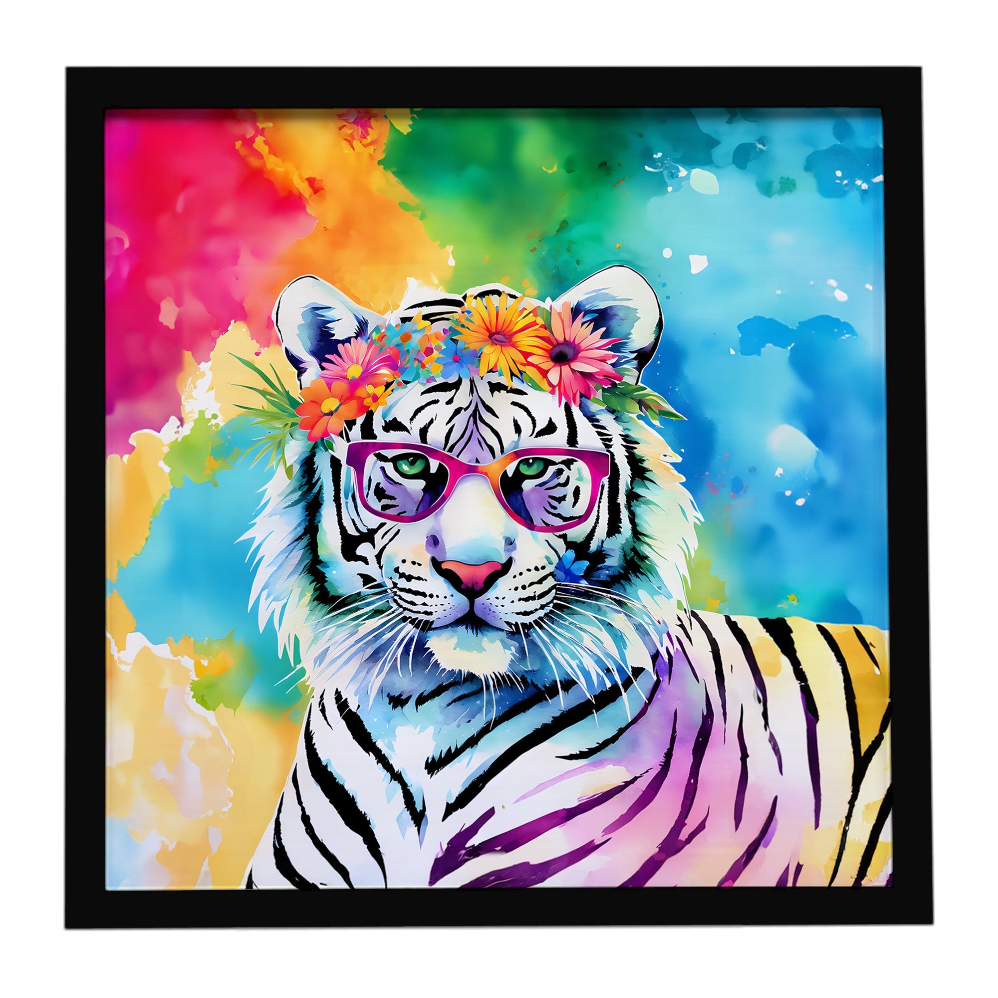 Hippie Animal White Tiger Framed Metal Print Bathroom, Kitchen, Office, Home Decor Wall Art Ready to Hang, Square, 8X8