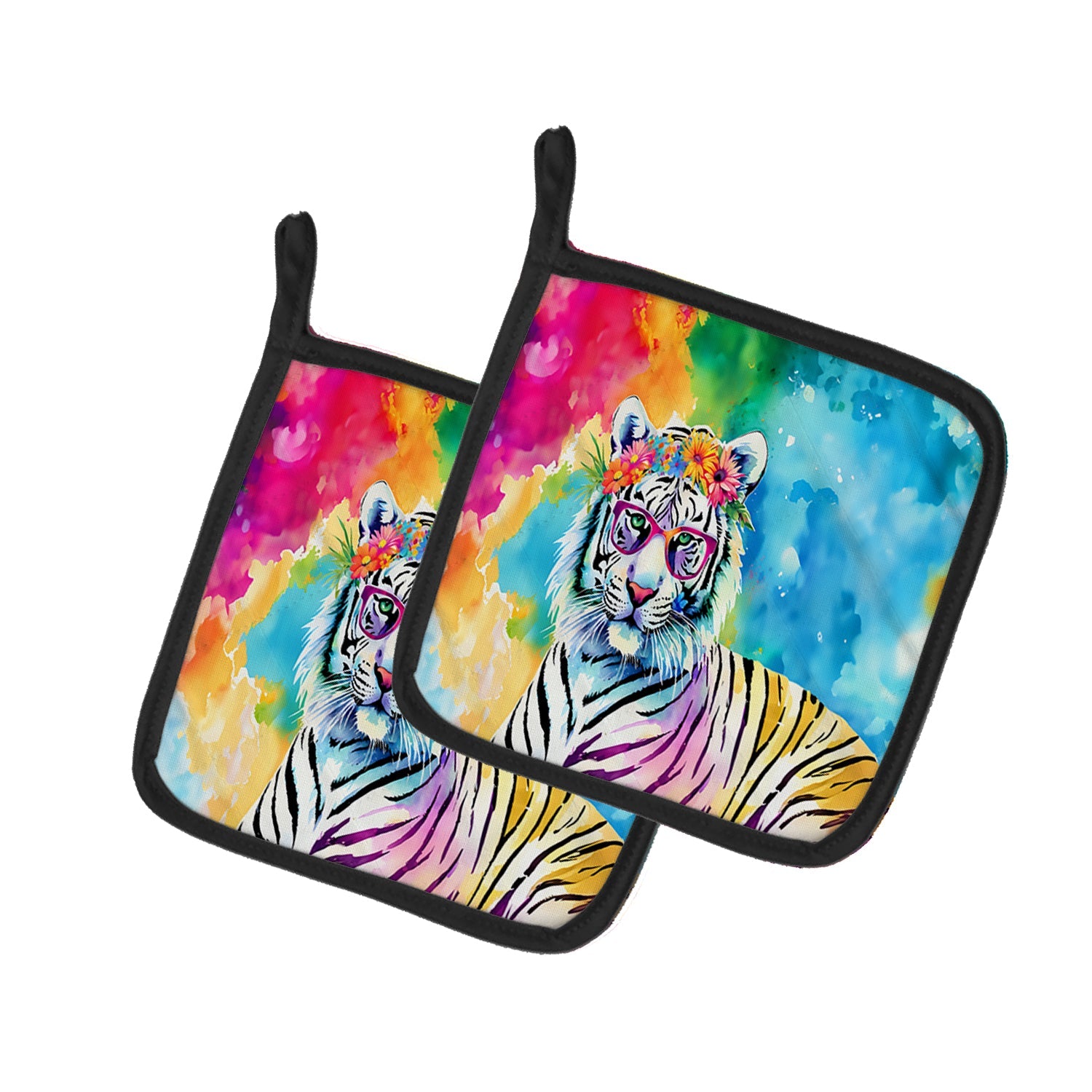 Hippie Animal White Tiger Pot Holder Set of 2 Heat Resistant Quilted Hot Pads 7.5 x 7.5 Inch, Insulated Kitchen Trivets for Cooking & Baking