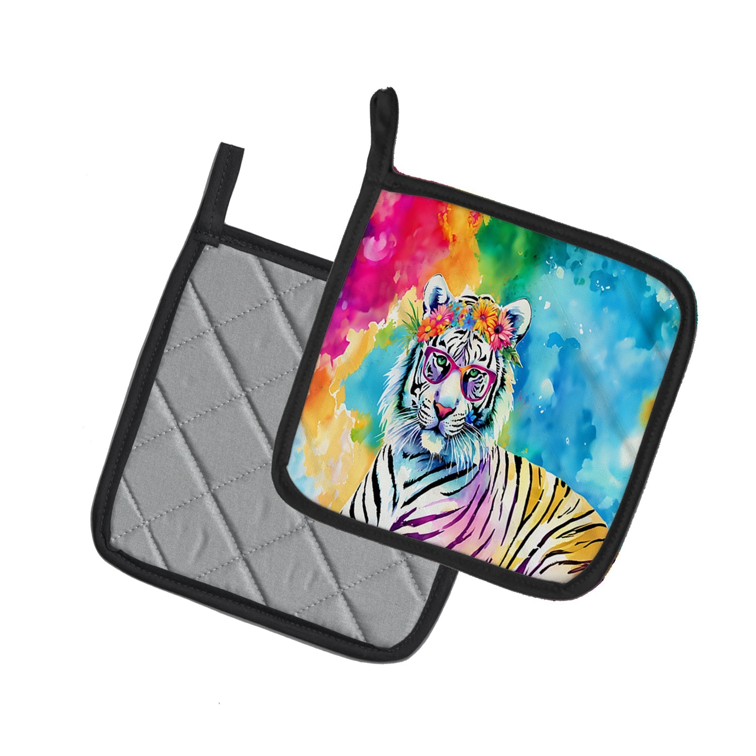 Hippie Animal White Tiger Pot Holder Set of 2 Heat Resistant Quilted Hot Pads 7.5 x 7.5 Inch, Insulated Kitchen Trivets for Cooking & Baking