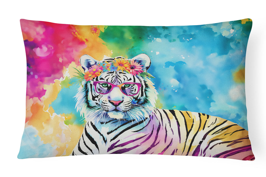 Hippie Animal White Tiger Decorative Throw Pillow 12x16 Indoor Outdoor Accent Cushion, Fabric Cover with Insert for Sofa, Bed, Porch & Living Room