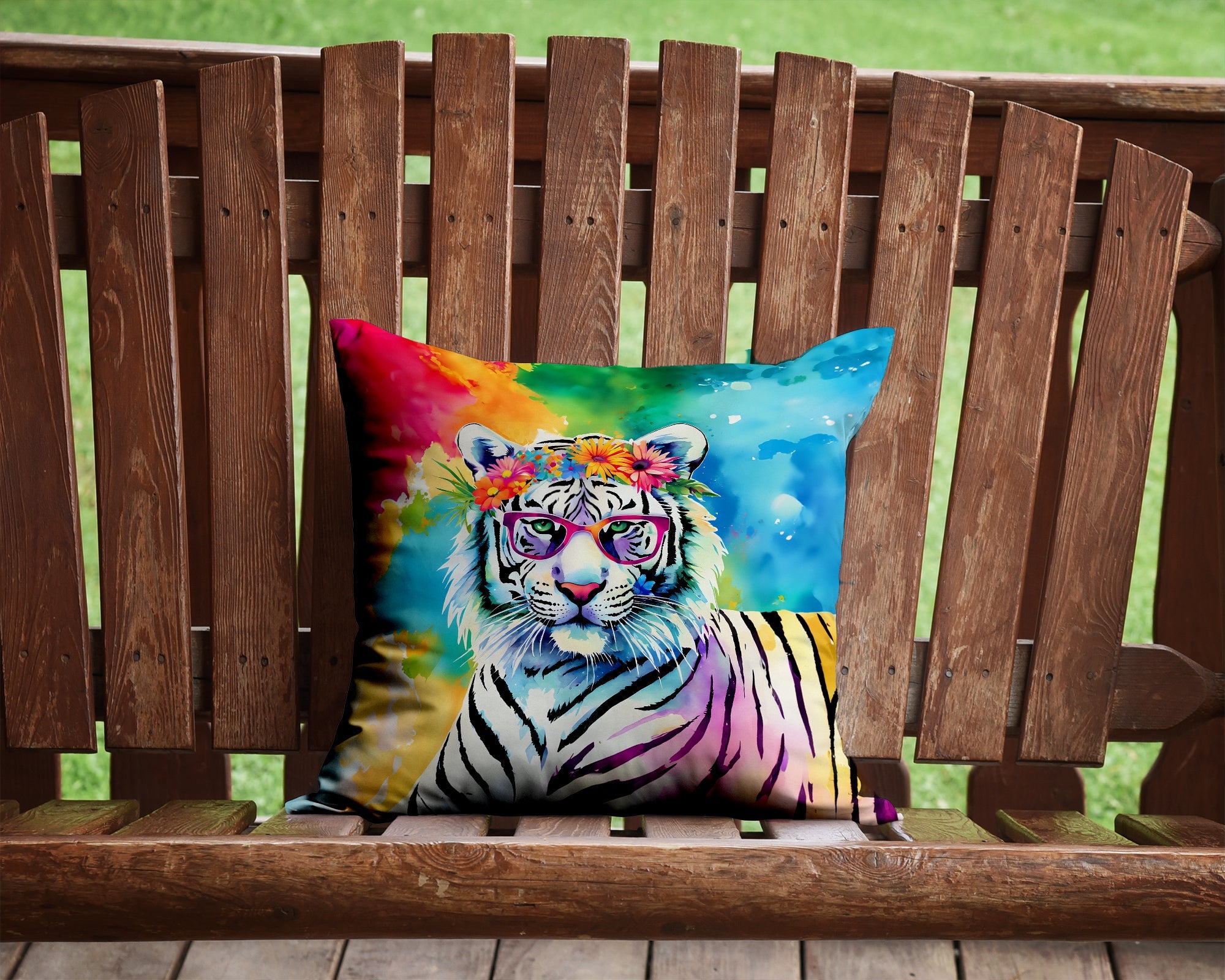 Hippie Animal White Tiger Decorative Throw Pillow 14x14 Indoor Outdoor Accent Cushion, Fabric Cover with Insert for Sofa, Bed, Porch & Living Room