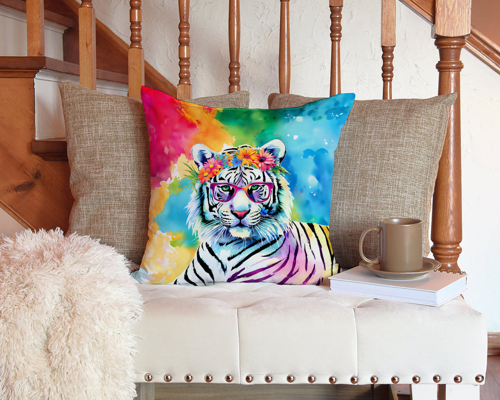Hippie Animal White Tiger Decorative Throw Pillow 14x14 Indoor Outdoor Accent Cushion, Fabric Cover with Insert for Sofa, Bed, Porch & Living Room