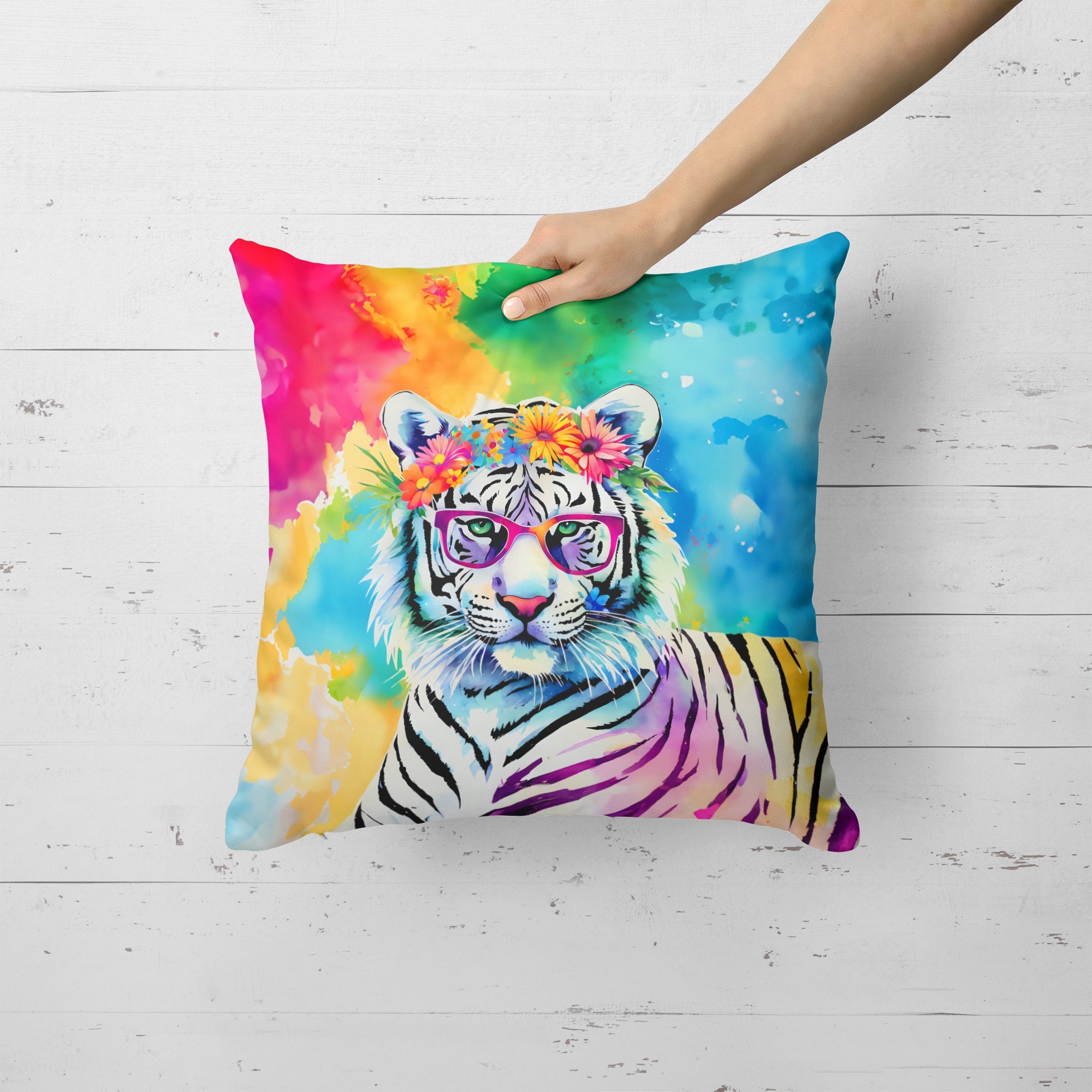 Hippie Animal White Tiger Decorative Throw Pillow 18x18 Indoor Outdoor Accent Cushion, Fabric Cover with Insert for Sofa, Bed, Porch & Living Room