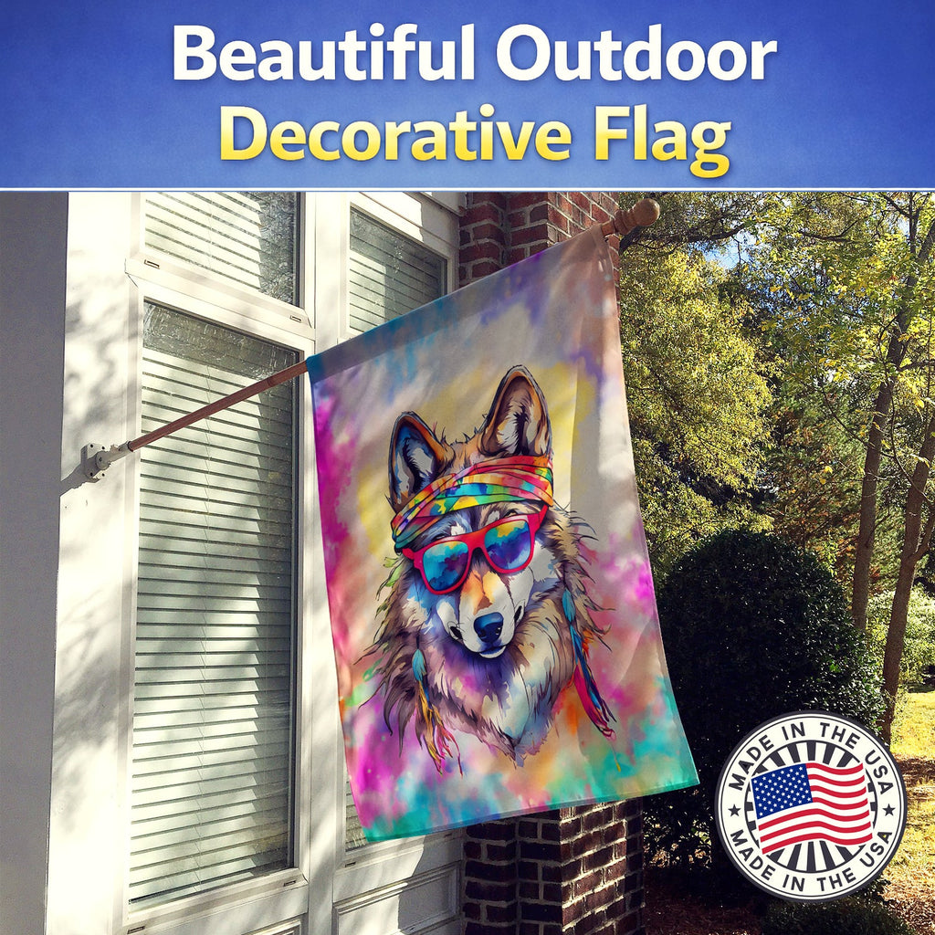 Hippie Animal Wolf House Flag 28x40 Porch Sleeve Pole Decorative Outside Yard Banner Artwork Wall Hanging, Polyester