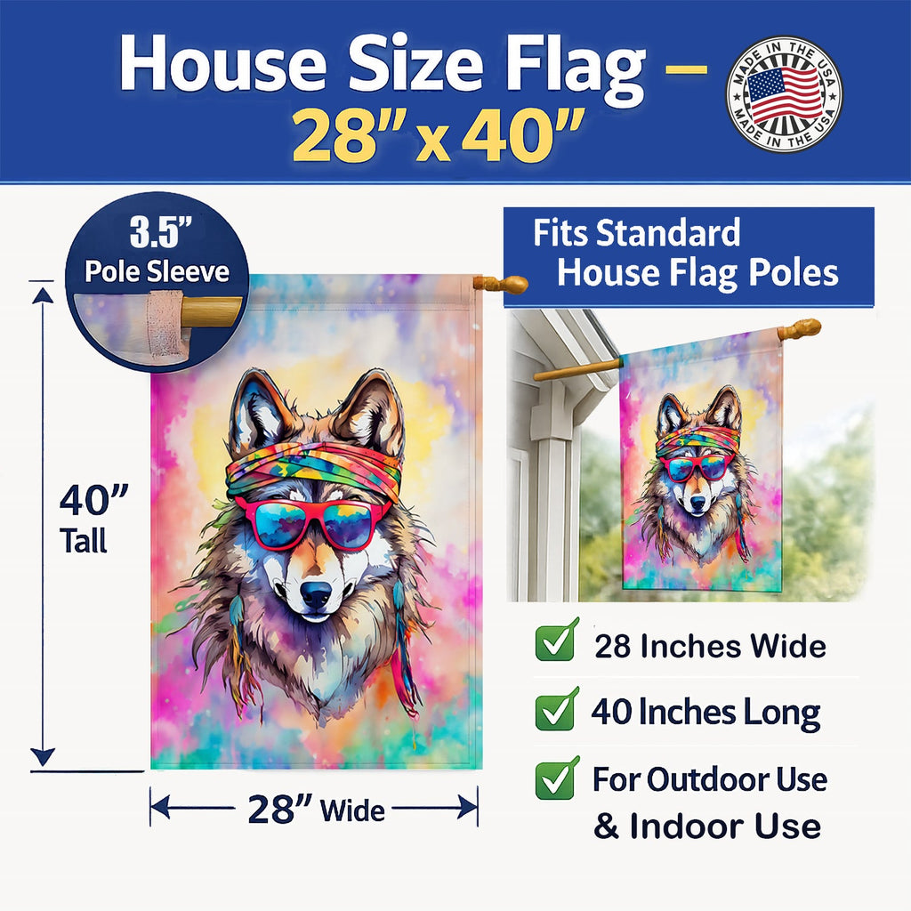 Hippie Animal Wolf House Flag 28x40 Porch Sleeve Pole Decorative Outside Yard Banner Artwork Wall Hanging, Polyester
