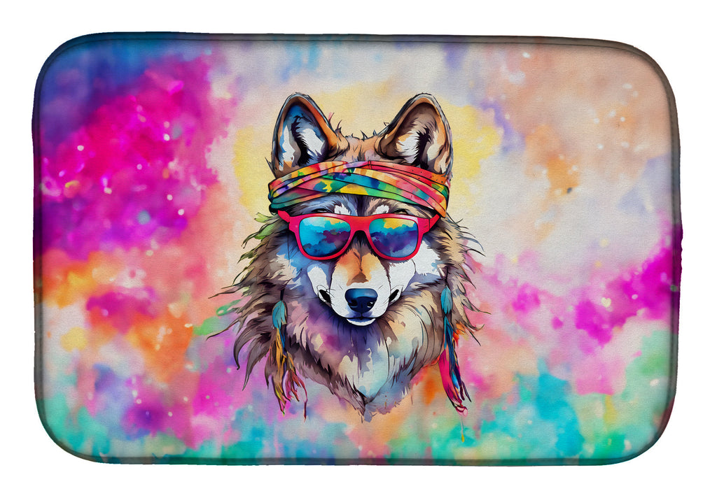 Hippie Animal Wolf Dish Drying Mat Absorbent Dish Drying Mat Pad for Kitchen Counter Dish Drainer Mat for Countertop, 14 x 21", Multicolor