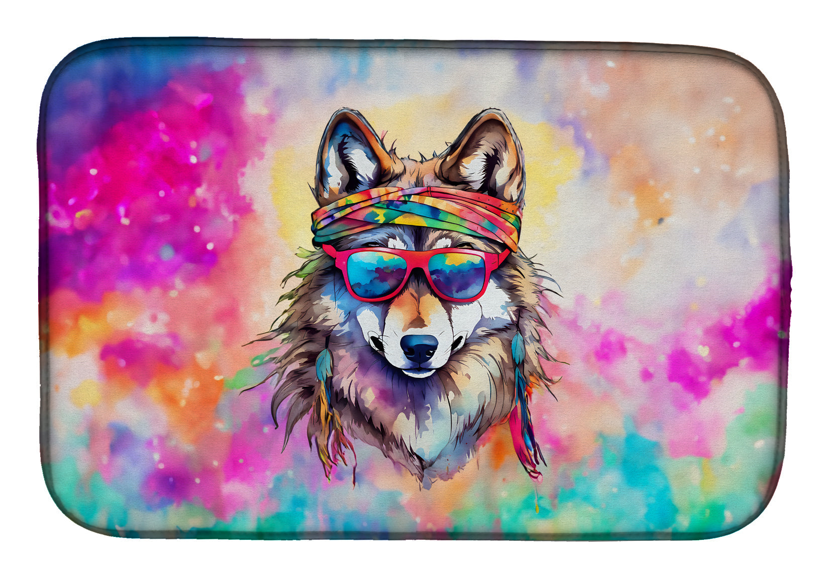 Hippie Animal Wolf Dish Drying Mat Absorbent Dish Drying Mat Pad for Kitchen Counter Dish Drainer Mat for Countertop, 14 x 21", Multicolor