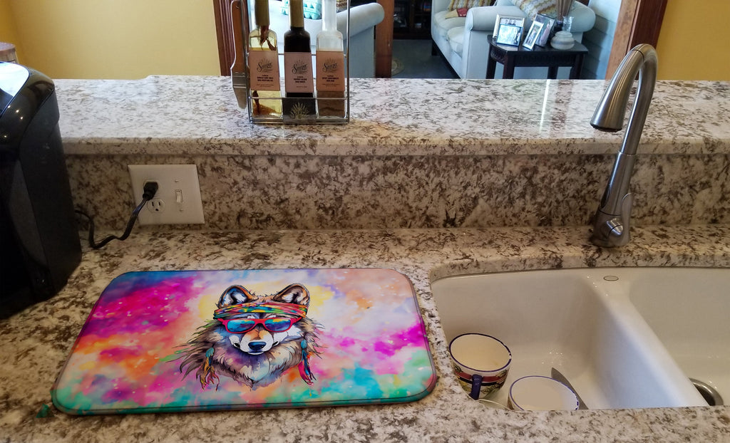Hippie Animal Wolf Dish Drying Mat Absorbent Dish Drying Mat Pad for Kitchen Counter Dish Drainer Mat for Countertop, 14 x 21", Multicolor