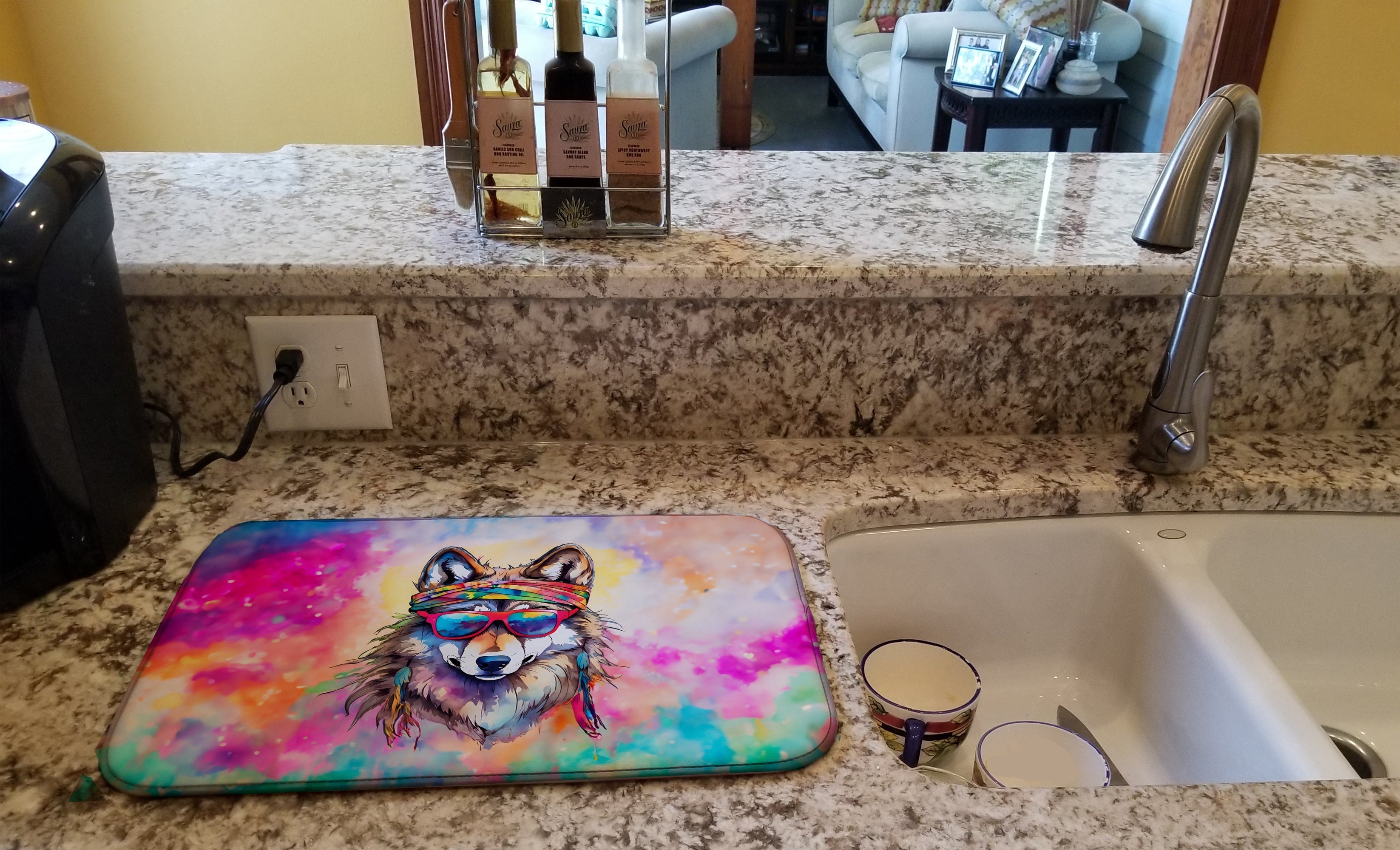 Hippie Animal Wolf Dish Drying Mat Absorbent Dish Drying Mat Pad for Kitchen Counter Dish Drainer Mat for Countertop, 14 x 21", Multicolor