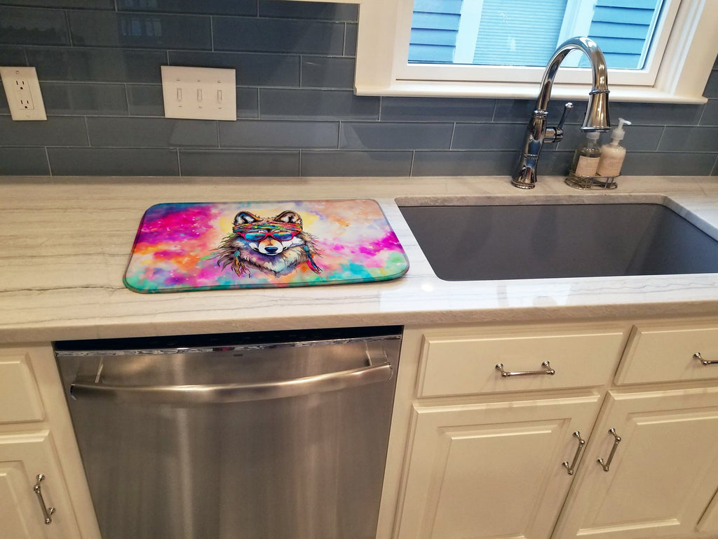 Hippie Animal Wolf Dish Drying Mat Absorbent Dish Drying Mat Pad for Kitchen Counter Dish Drainer Mat for Countertop, 14 x 21", Multicolor