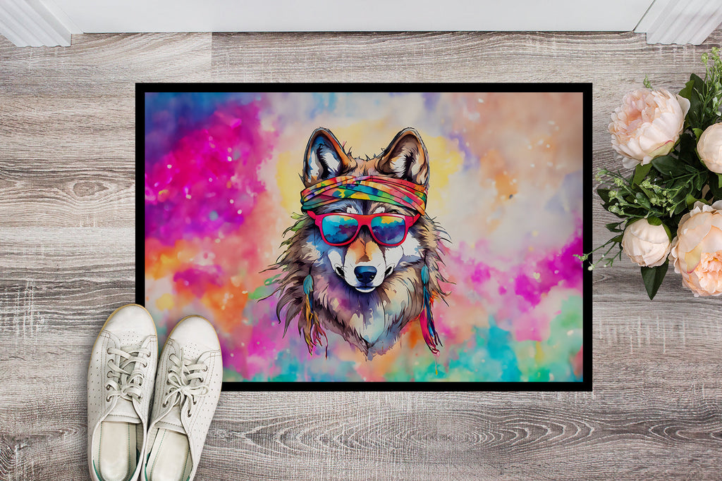 Hippie Animal Wolf Doormat Indoor Outdoor 24H X 36W Front Door Mat Rugs for Entryway, Non Slip Washable Low Pile,
