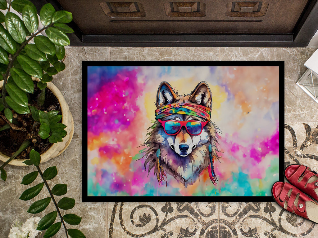 Hippie Animal Wolf Doormat Indoor Outdoor 24H X 36W Front Door Mat Rugs for Entryway, Non Slip Washable Low Pile,