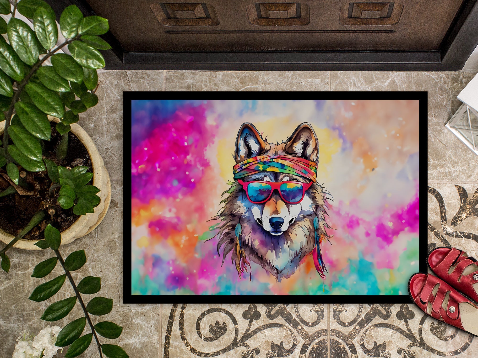 Hippie Animal Wolf Doormat Indoor Outdoor 24H X 36W Front Door Mat Rugs for Entryway, Non Slip Washable Low Pile,