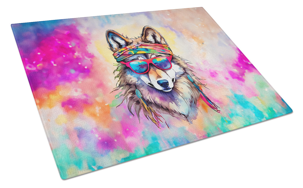 Hippie Animal Wolf Cutting Board Tempered Glass Kitchen Cutting Surface, Heat Resistant Chopping, Non-Slip Feet, Food Prep & Serving