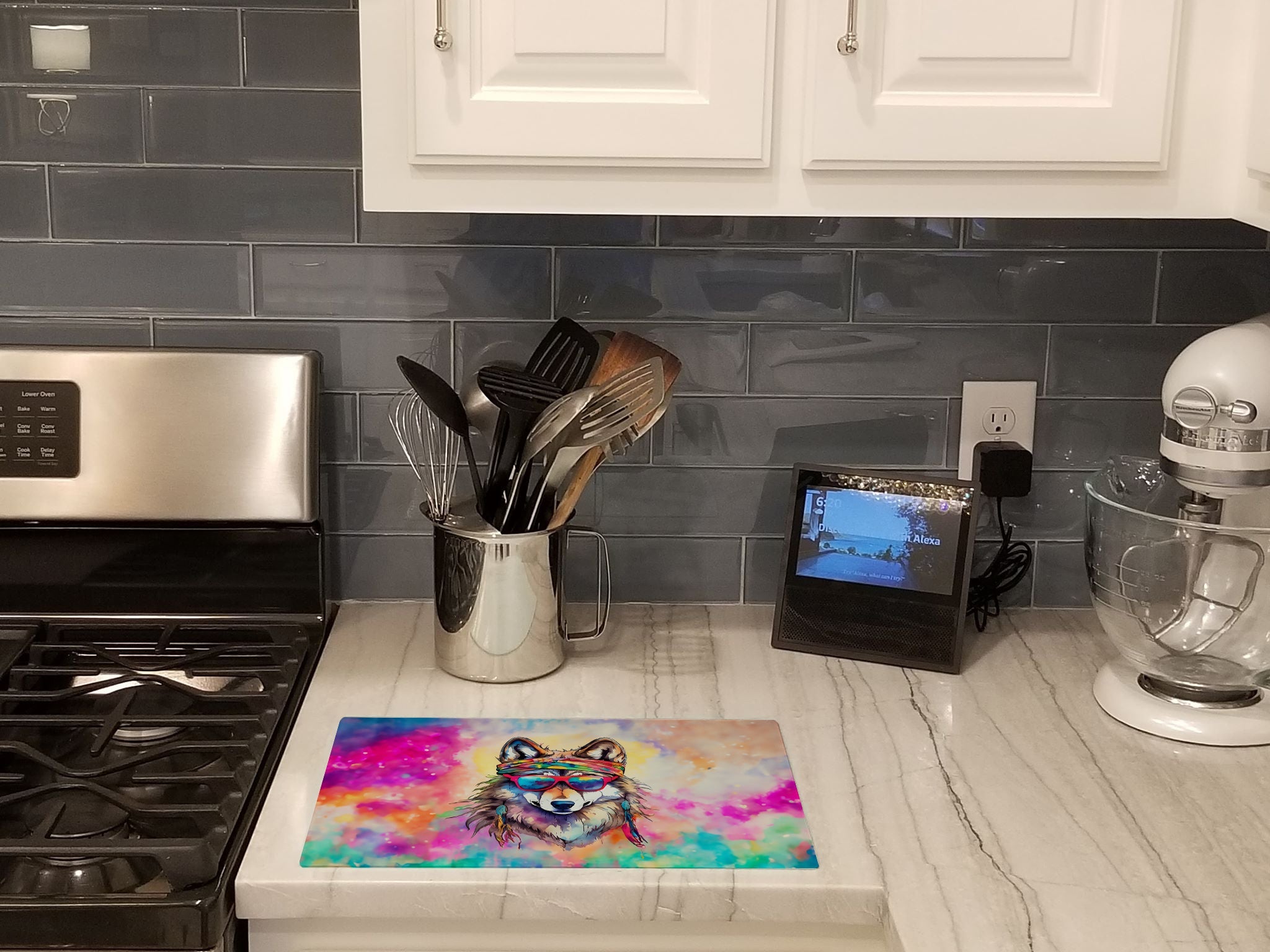 Hippie Animal Wolf Cutting Board Tempered Glass Kitchen Cutting Surface, Heat Resistant Chopping, Non-Slip Feet, Food Prep & Serving