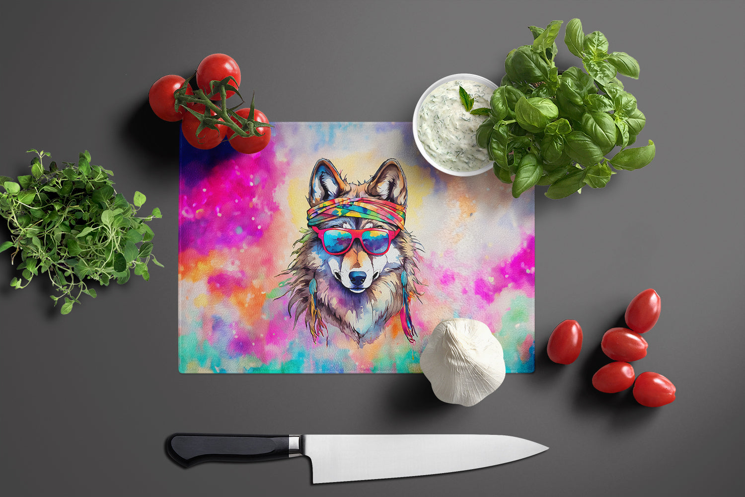 Hippie Animal Wolf Cutting Board Tempered Glass Kitchen Cutting Surface, Heat Resistant Chopping, Non-Slip Feet, Food Prep & Serving
