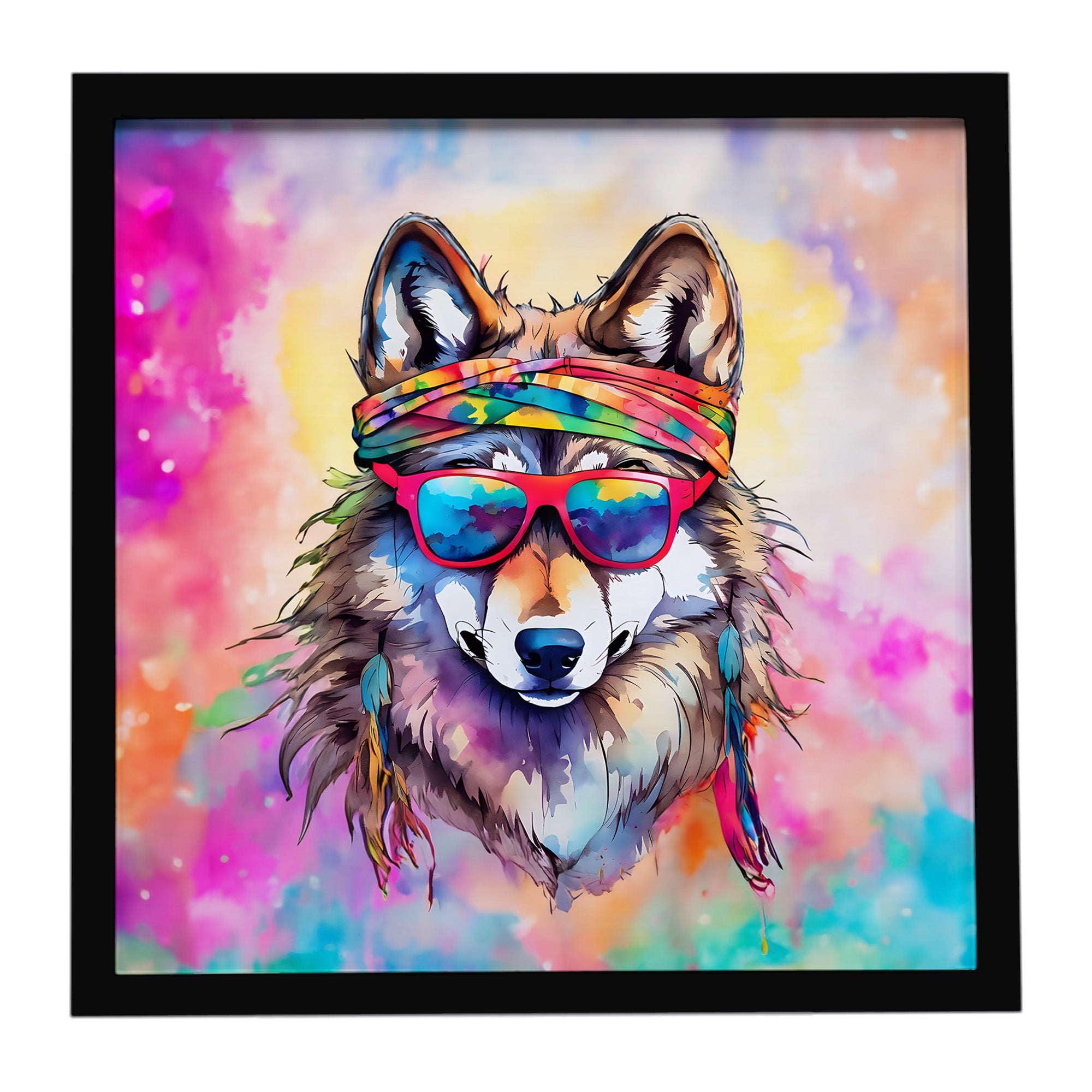Hippie Animal Wolf Framed Metal Print Bathroom, Kitchen, Office, Home Decor Wall Art Ready to Hang, Square, 8X8