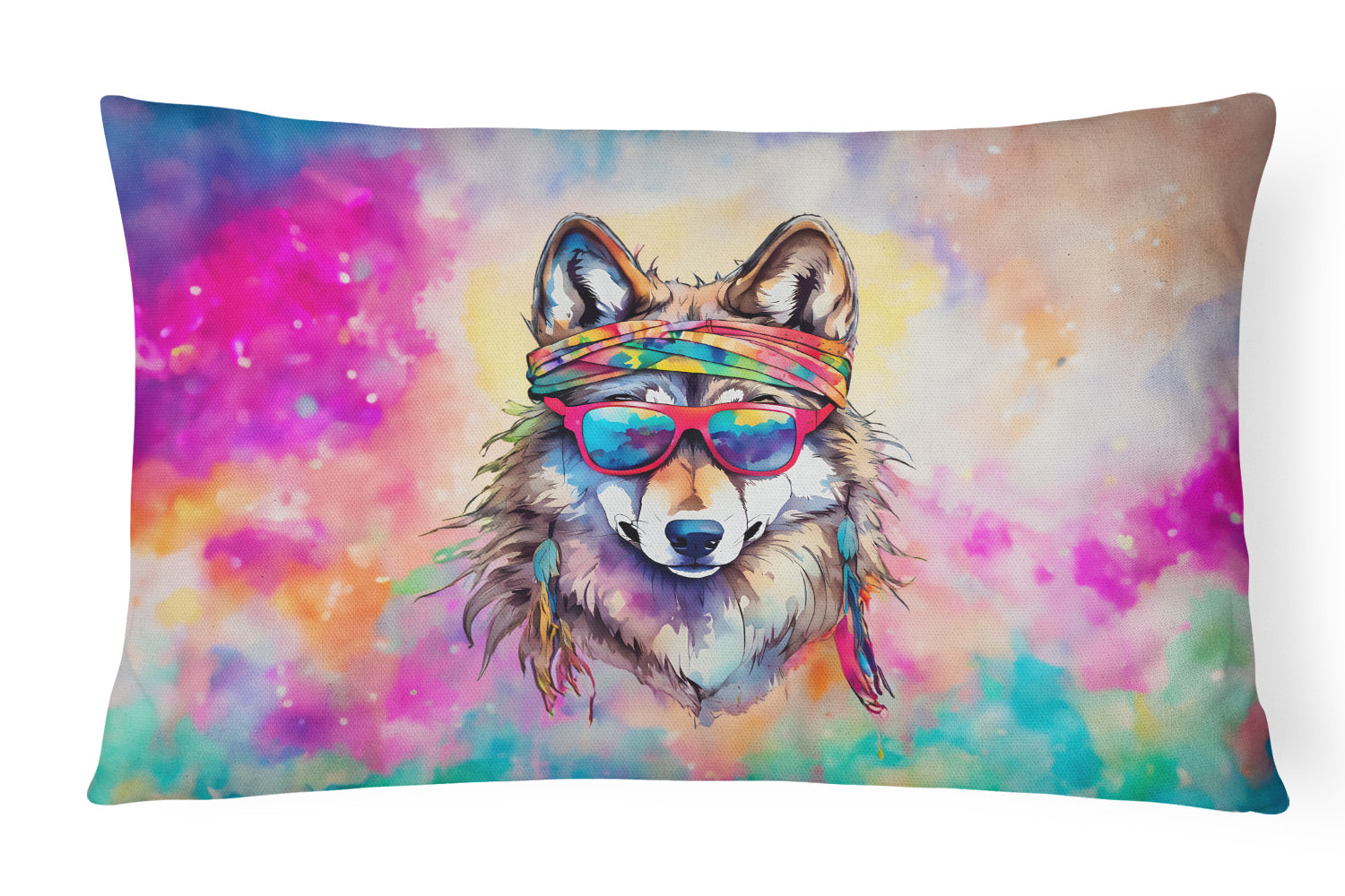 Hippie Animal Wolf Decorative Throw Pillow 12x16 Indoor Outdoor Accent Cushion, Fabric Cover with Insert for Sofa, Bed, Porch & Living Room