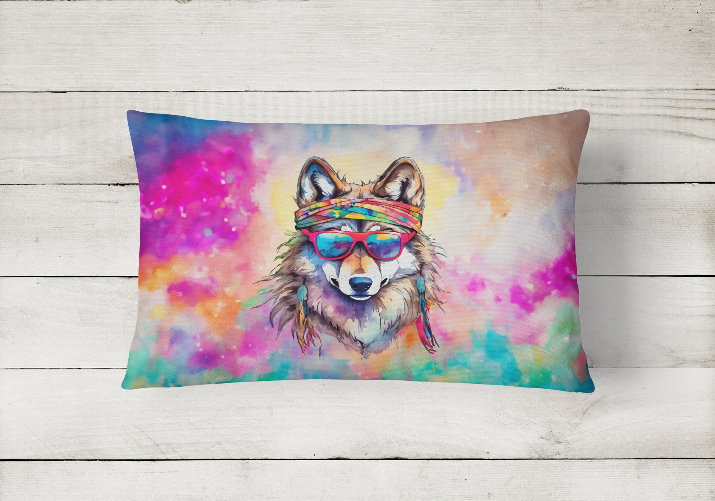 Hippie Animal Wolf Decorative Throw Pillow 12x16 Indoor Outdoor Accent Cushion, Fabric Cover with Insert for Sofa, Bed, Porch & Living Room