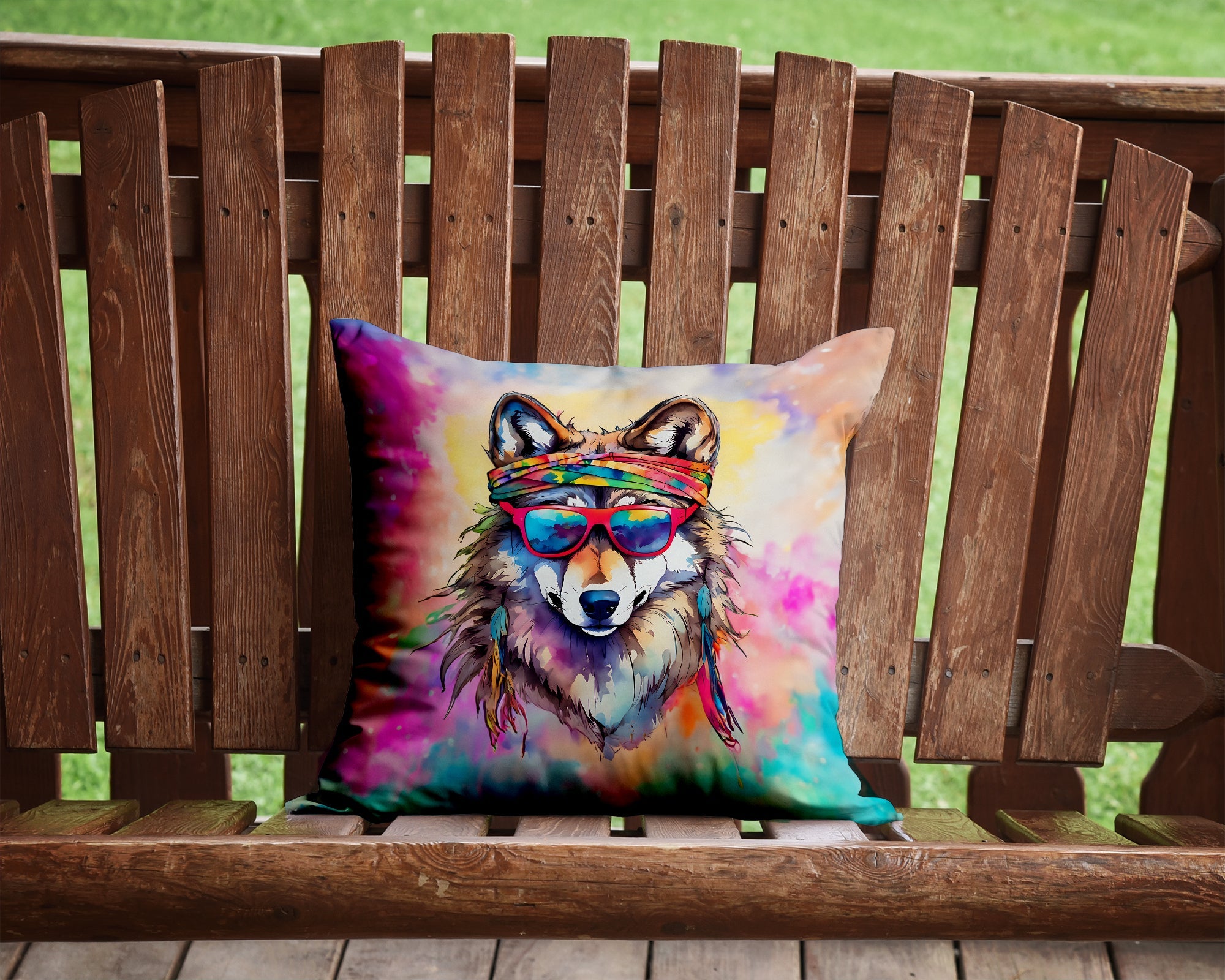 Hippie Animal Wolf Decorative Throw Pillow 14x14 Indoor Outdoor Accent Cushion, Fabric Cover with Insert for Sofa, Bed, Porch & Living Room