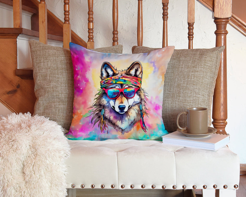 Hippie Animal Wolf Decorative Throw Pillow 14x14 Indoor Outdoor Accent Cushion, Fabric Cover with Insert for Sofa, Bed, Porch & Living Room