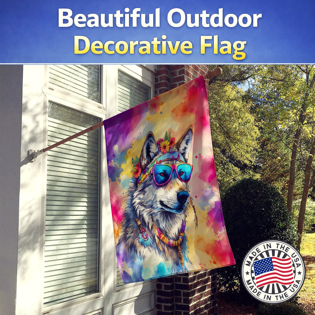 Hippie Animal Wolf House Flag 28x40 Porch Sleeve Pole Decorative Outside Yard Banner Artwork Wall Hanging, Polyester