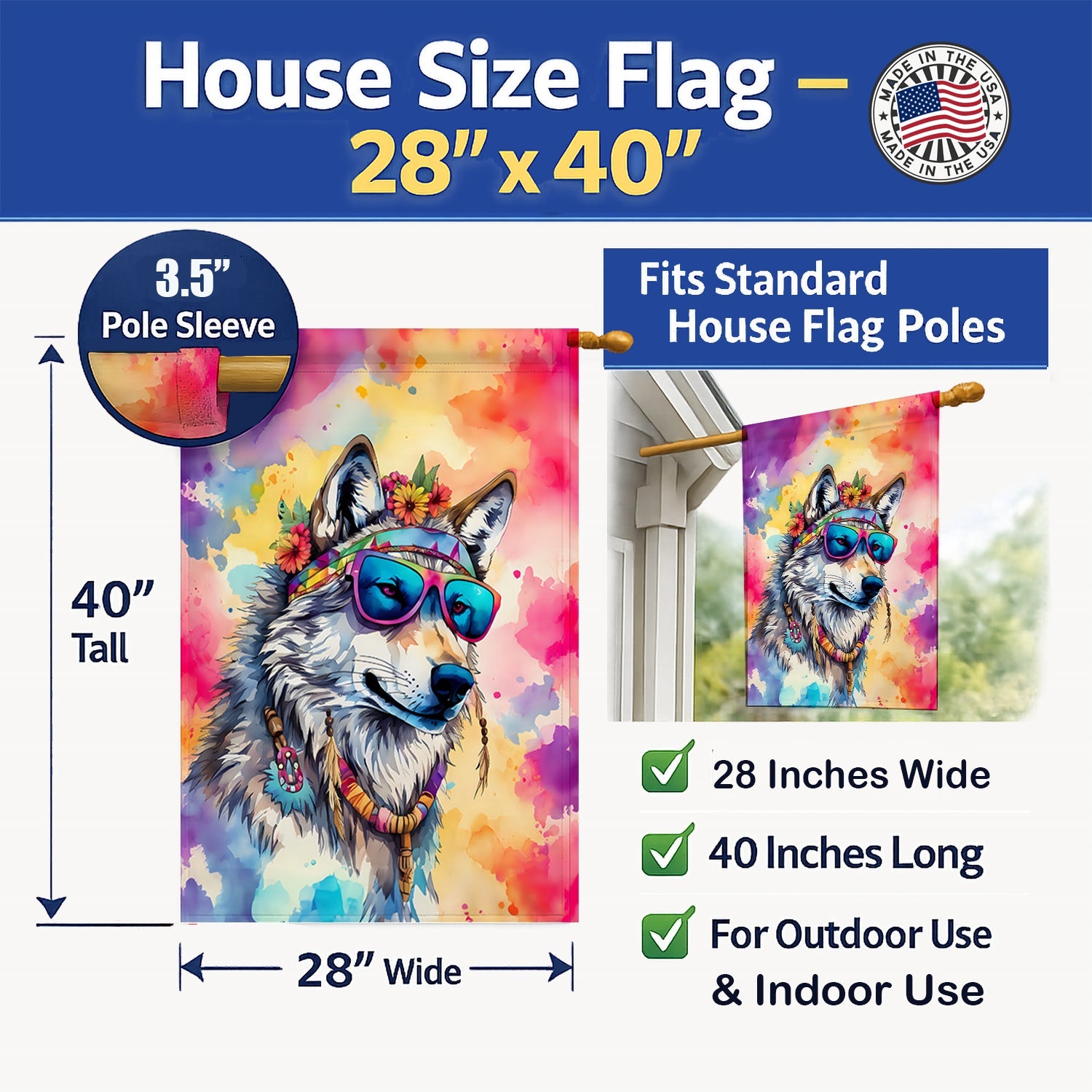 Hippie Animal Wolf House Flag 28x40 Porch Sleeve Pole Decorative Outside Yard Banner Artwork Wall Hanging, Polyester