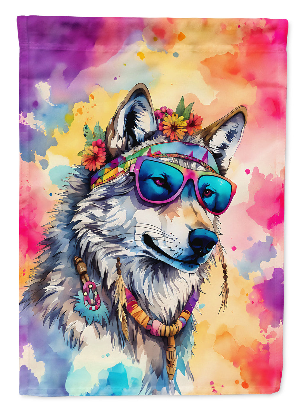 Hippie Animal Wolf House Flag 28x40 Porch Sleeve Pole Decorative Outside Yard Banner Artwork Wall Hanging, Polyester