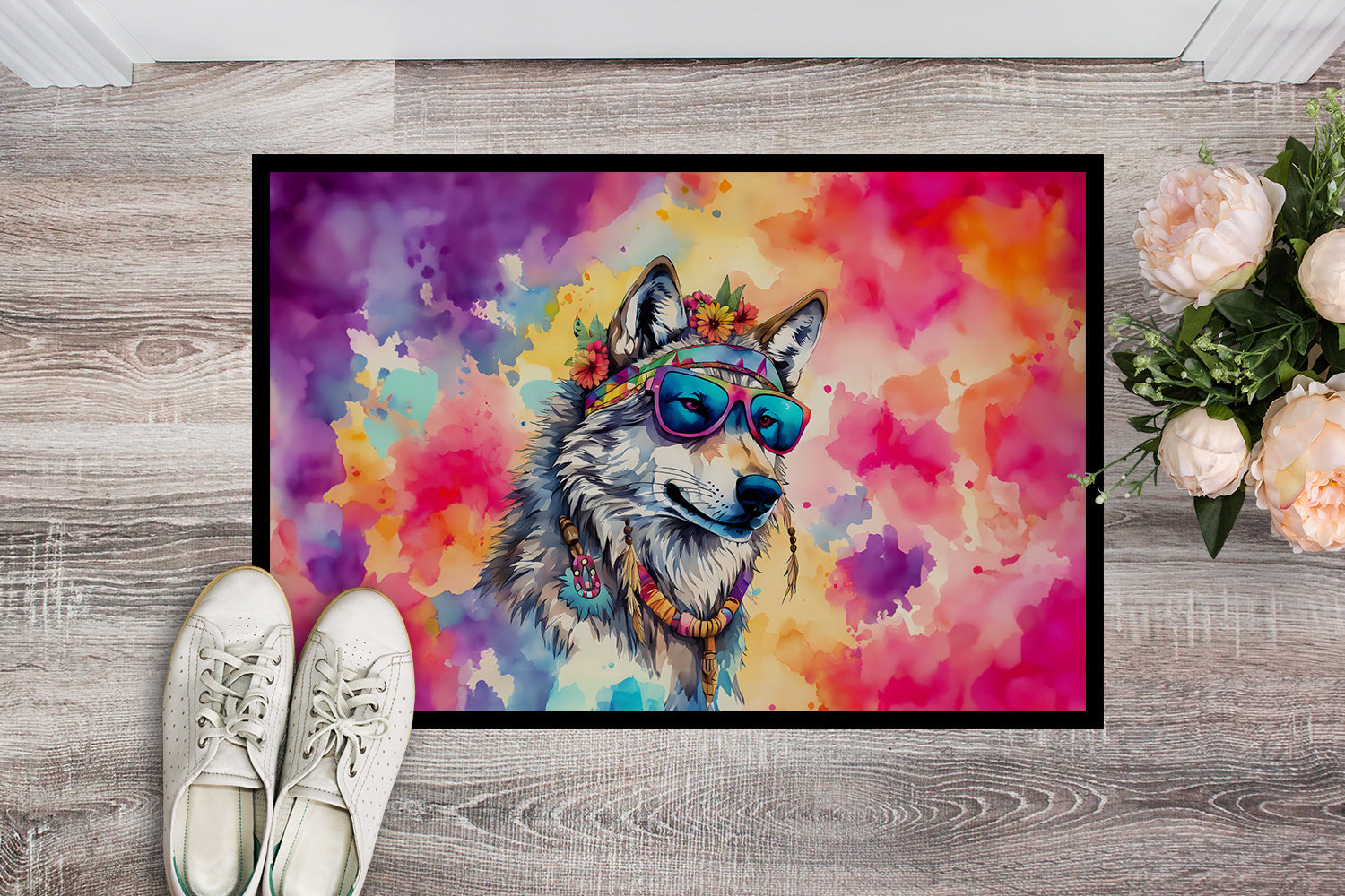 Hippie Animal Wolf Doormat Indoor Outdoor 24H X 36W Front Door Mat Rugs for Entryway, Non Slip Washable Low Pile,