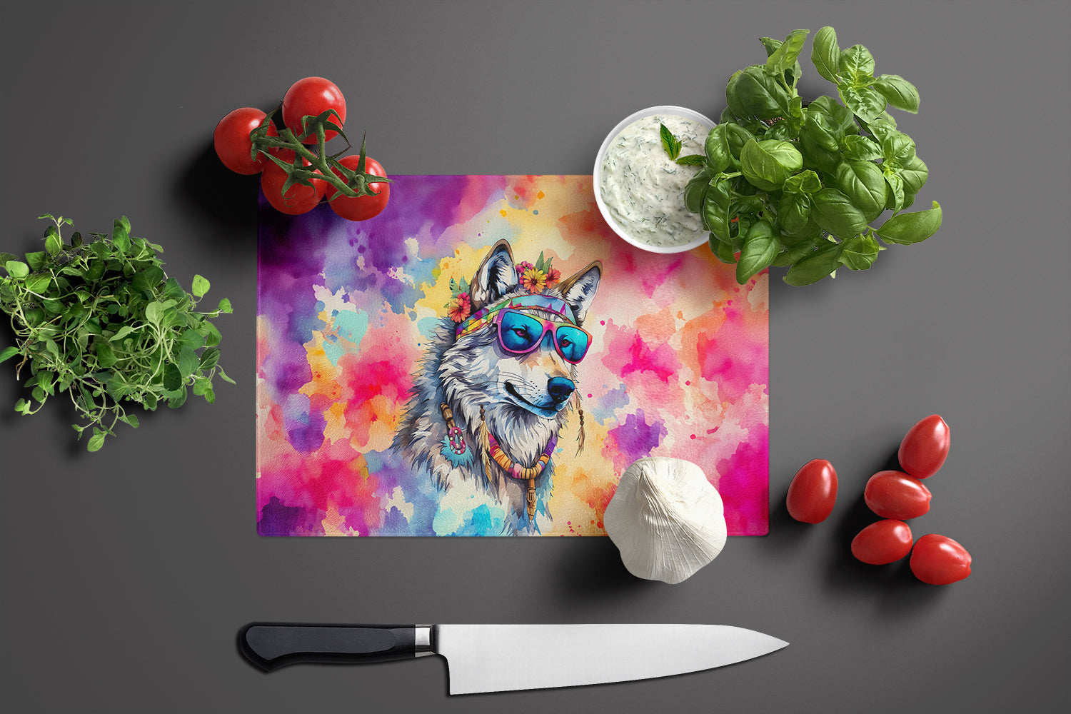 Hippie Animal Wolf Cutting Board Tempered Glass Kitchen Cutting Surface, Heat Resistant Chopping, Non-Slip Feet, Food Prep & Serving