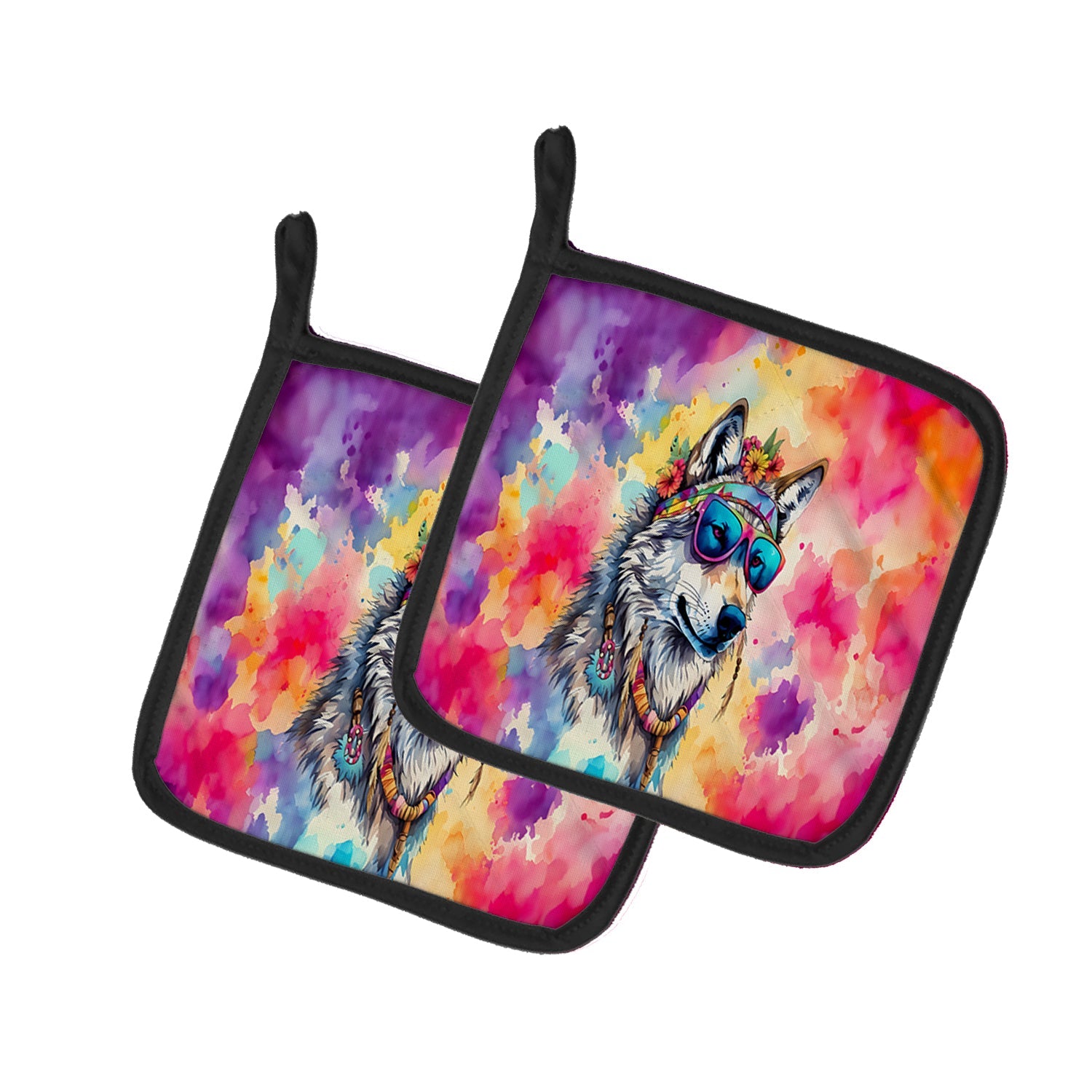 Hippie Animal Wolf Pot Holder Set of 2 Heat Resistant Quilted Hot Pads 7.5 x 7.5 Inch, Insulated Kitchen Trivets for Cooking & Baking