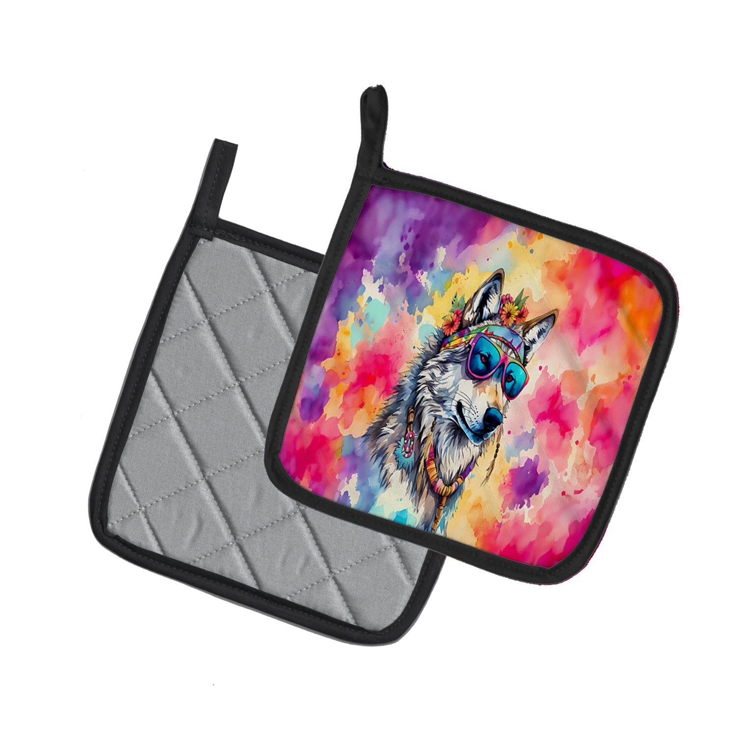 Hippie Animal Wolf Pot Holder Set of 2 Heat Resistant Quilted Hot Pads 7.5 x 7.5 Inch, Insulated Kitchen Trivets for Cooking & Baking