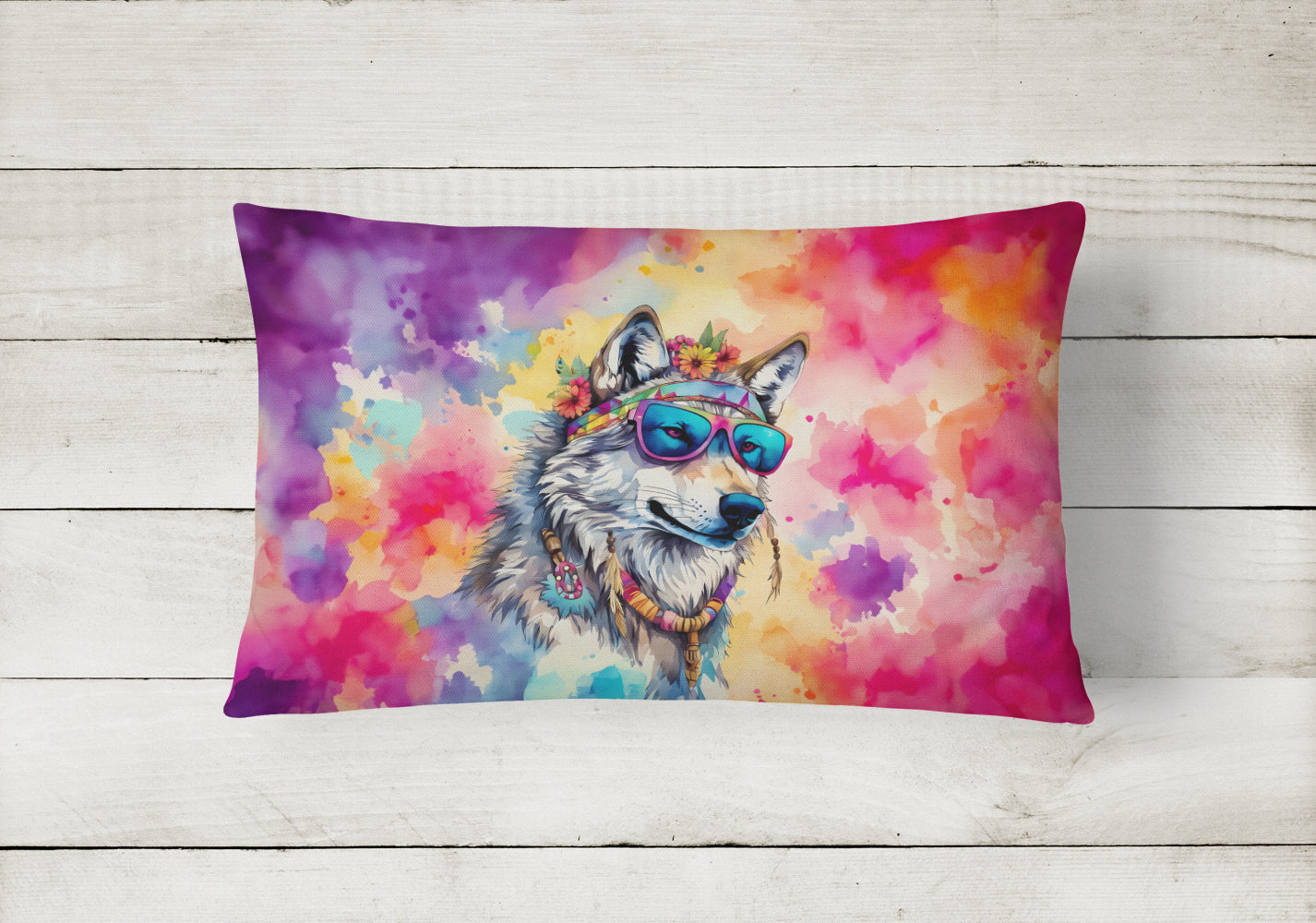 Hippie Animal Wolf Decorative Throw Pillow 12x16 Indoor Outdoor Accent Cushion, Fabric Cover with Insert for Sofa, Bed, Porch & Living Room