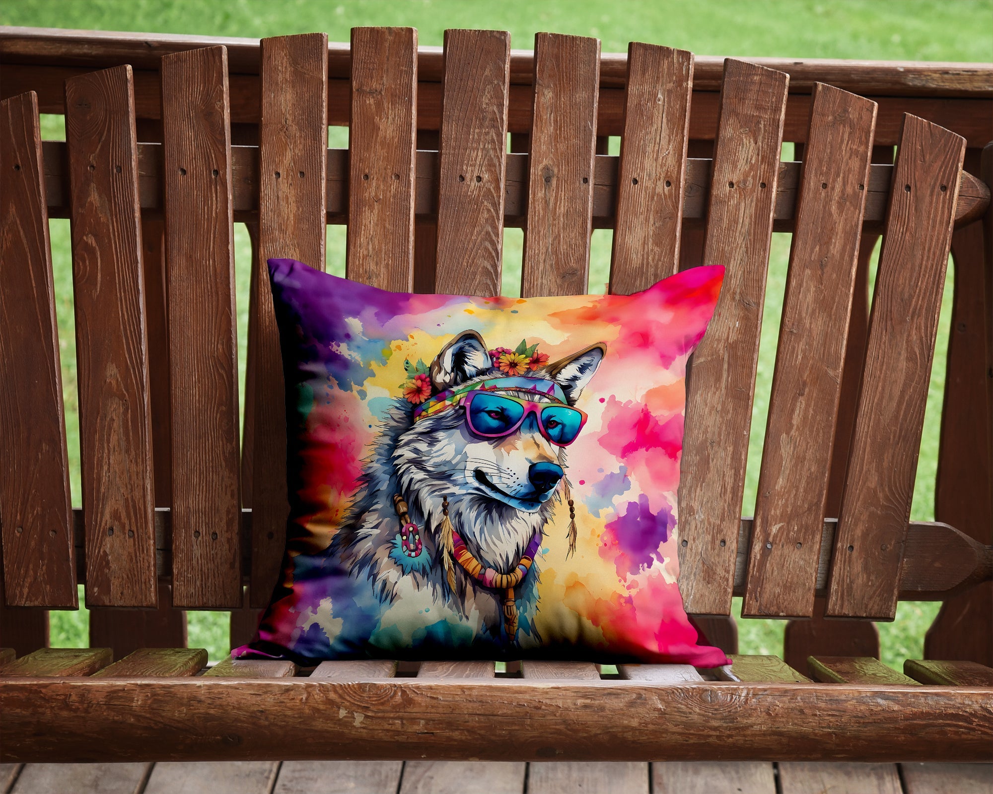 Hippie Animal Wolf Decorative Throw Pillow 14x14 Indoor Outdoor Accent Cushion, Fabric Cover with Insert for Sofa, Bed, Porch & Living Room
