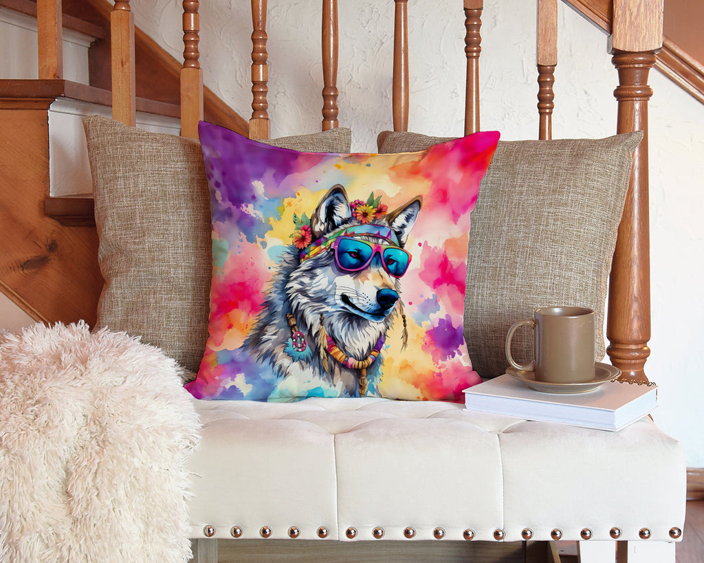Hippie Animal Wolf Decorative Throw Pillow 14x14 Indoor Outdoor Accent Cushion, Fabric Cover with Insert for Sofa, Bed, Porch & Living Room