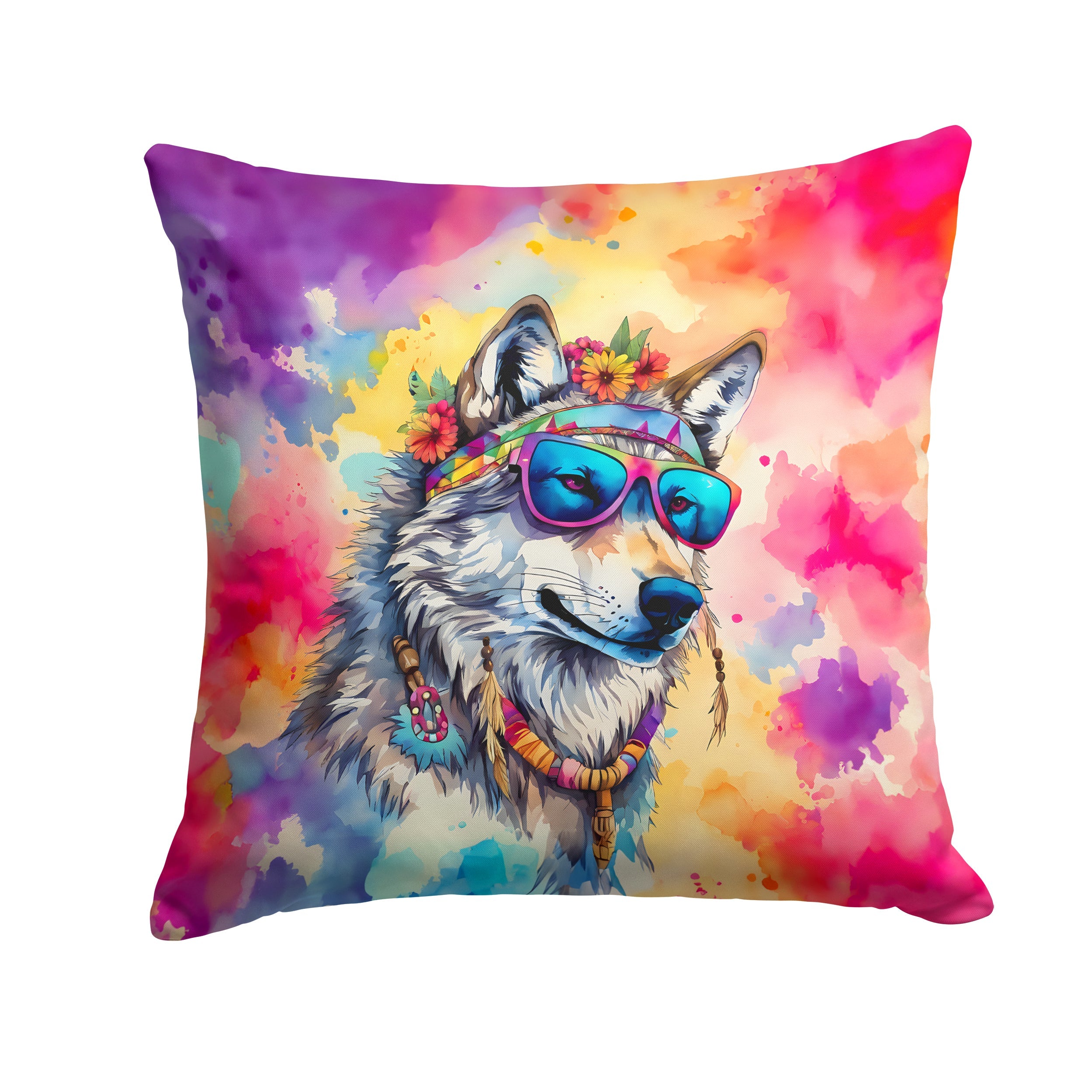 Hippie Animal Wolf Decorative Throw Pillow 18x18 Indoor Outdoor Accent Cushion, Fabric Cover with Insert for Sofa, Bed, Porch & Living Room
