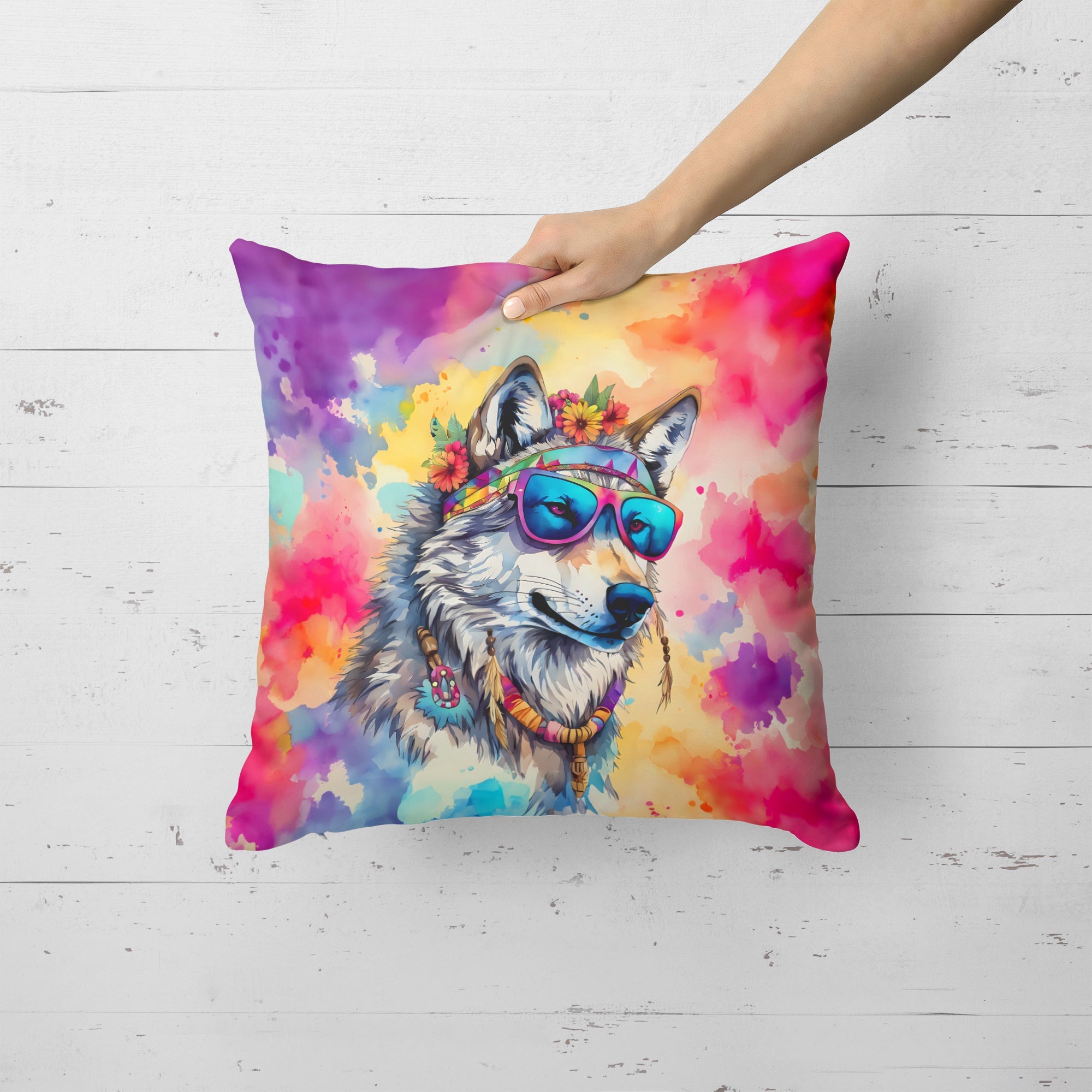 Hippie Animal Wolf Decorative Throw Pillow 18x18 Indoor Outdoor Accent Cushion, Fabric Cover with Insert for Sofa, Bed, Porch & Living Room