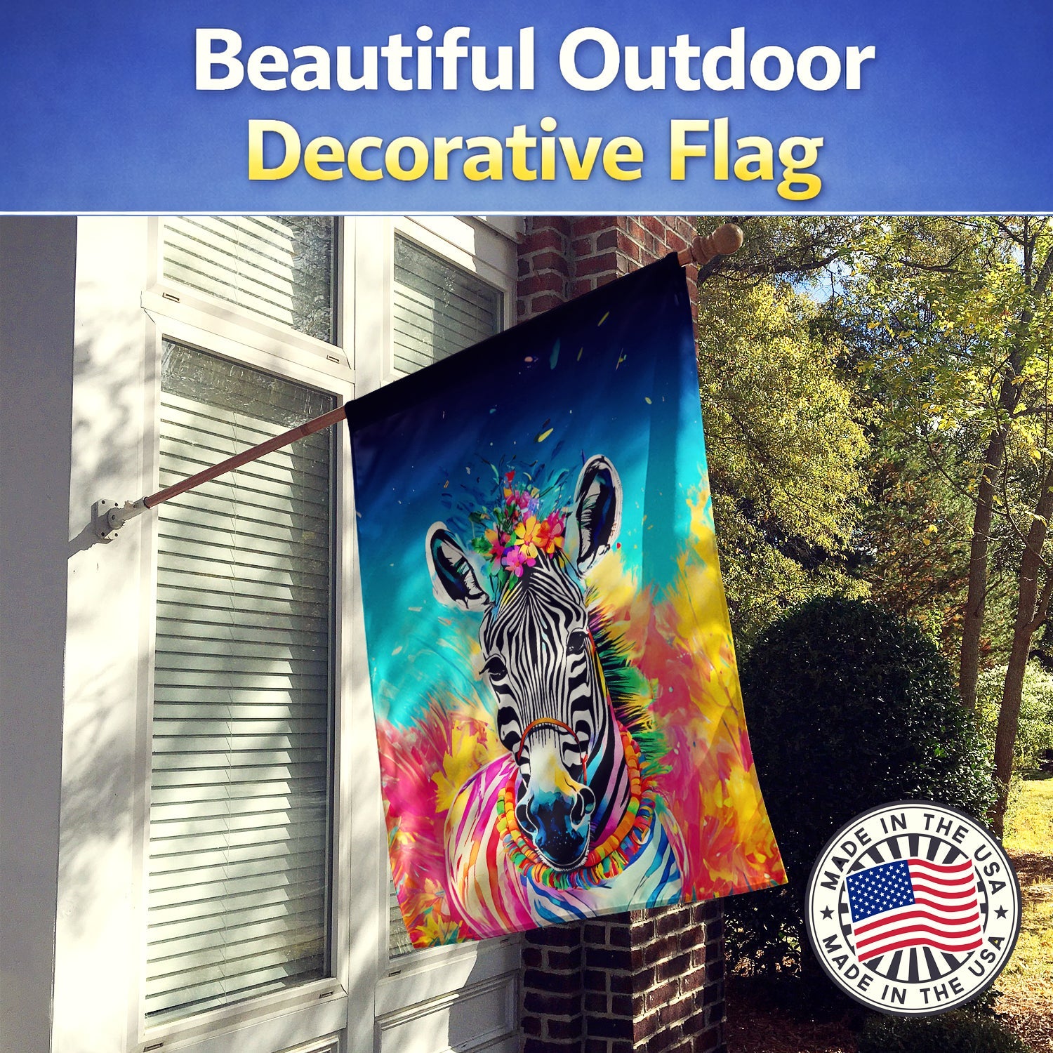 Hippie Animal Zebra House Flag 28x40 Porch Sleeve Pole Decorative Outside Yard Banner Artwork Wall Hanging, Polyester